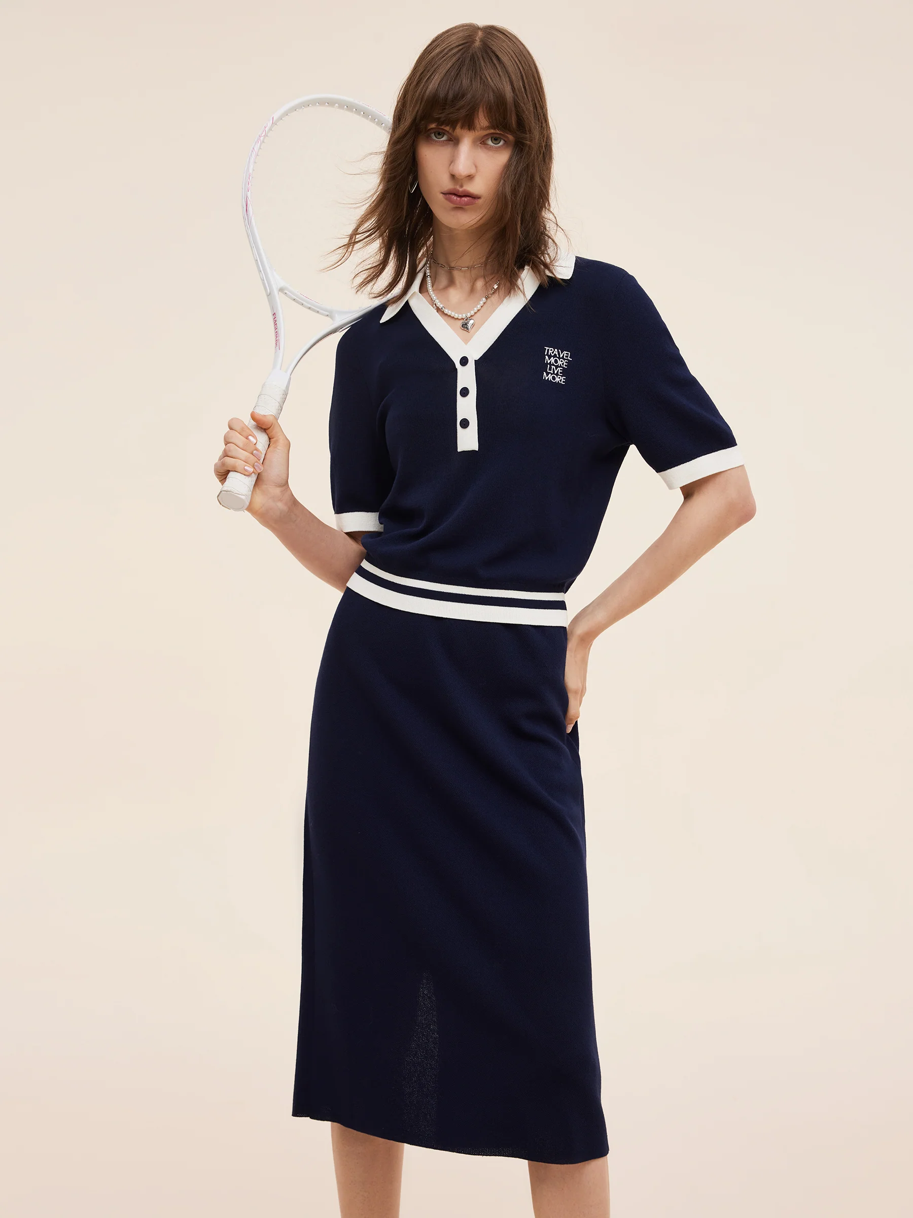 Tencel Blend Contrast Trim Knit Top And Skirt Two-Piece Set