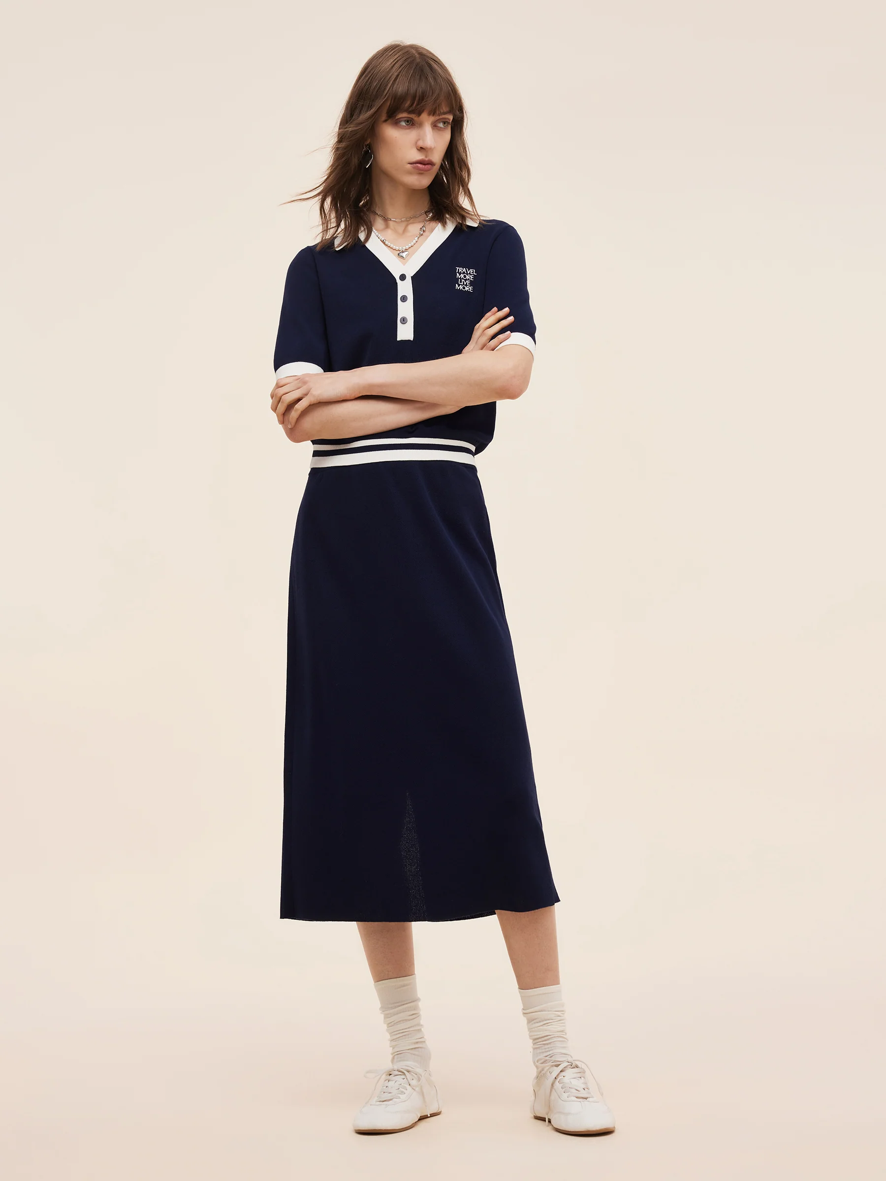 Tencel Blend Contrast Trim Knit Top And Skirt Two-Piece Set - Image 2