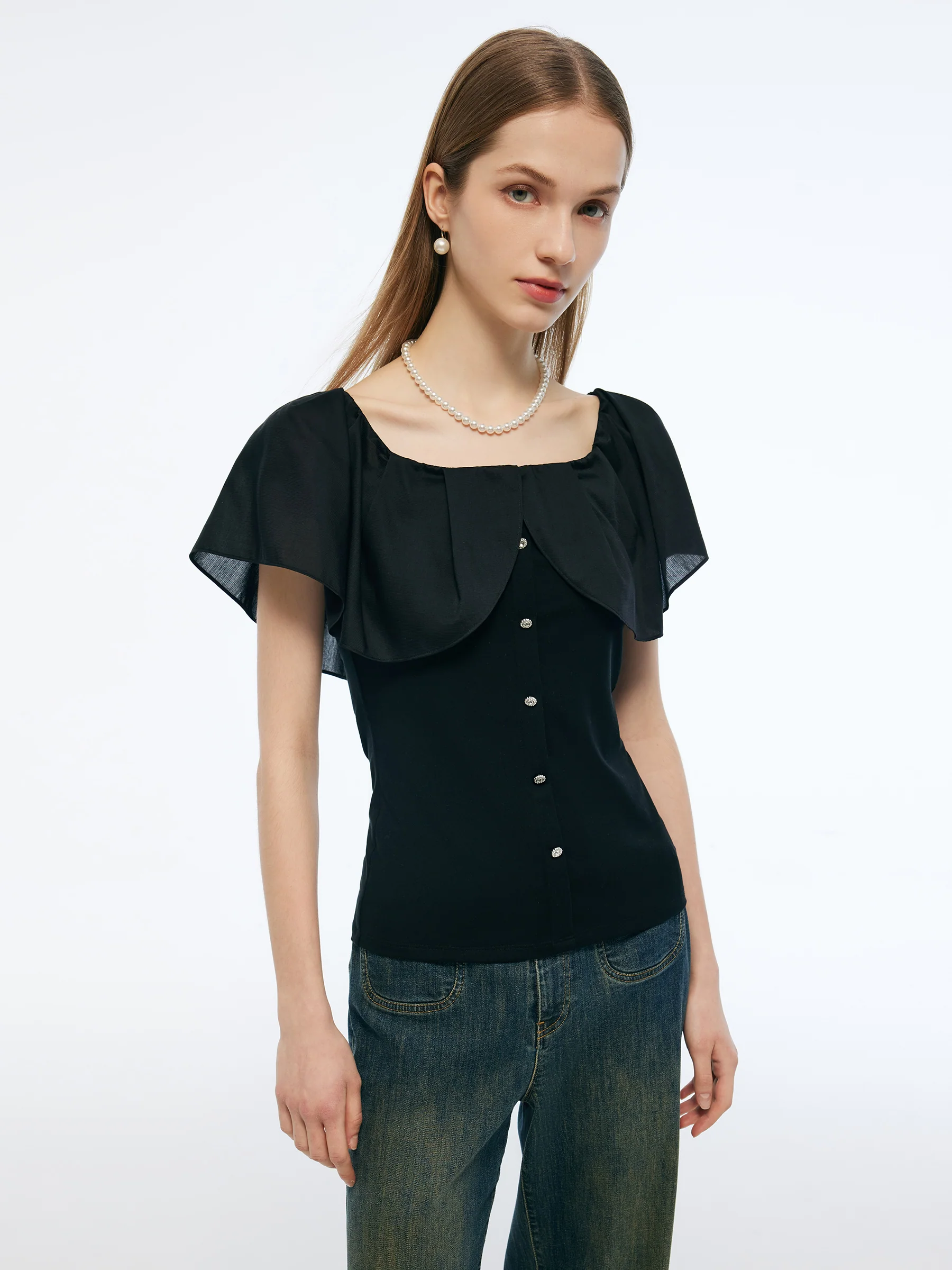 Tencel Blend Convertible Neckline Women Ruffled Top - Image 4