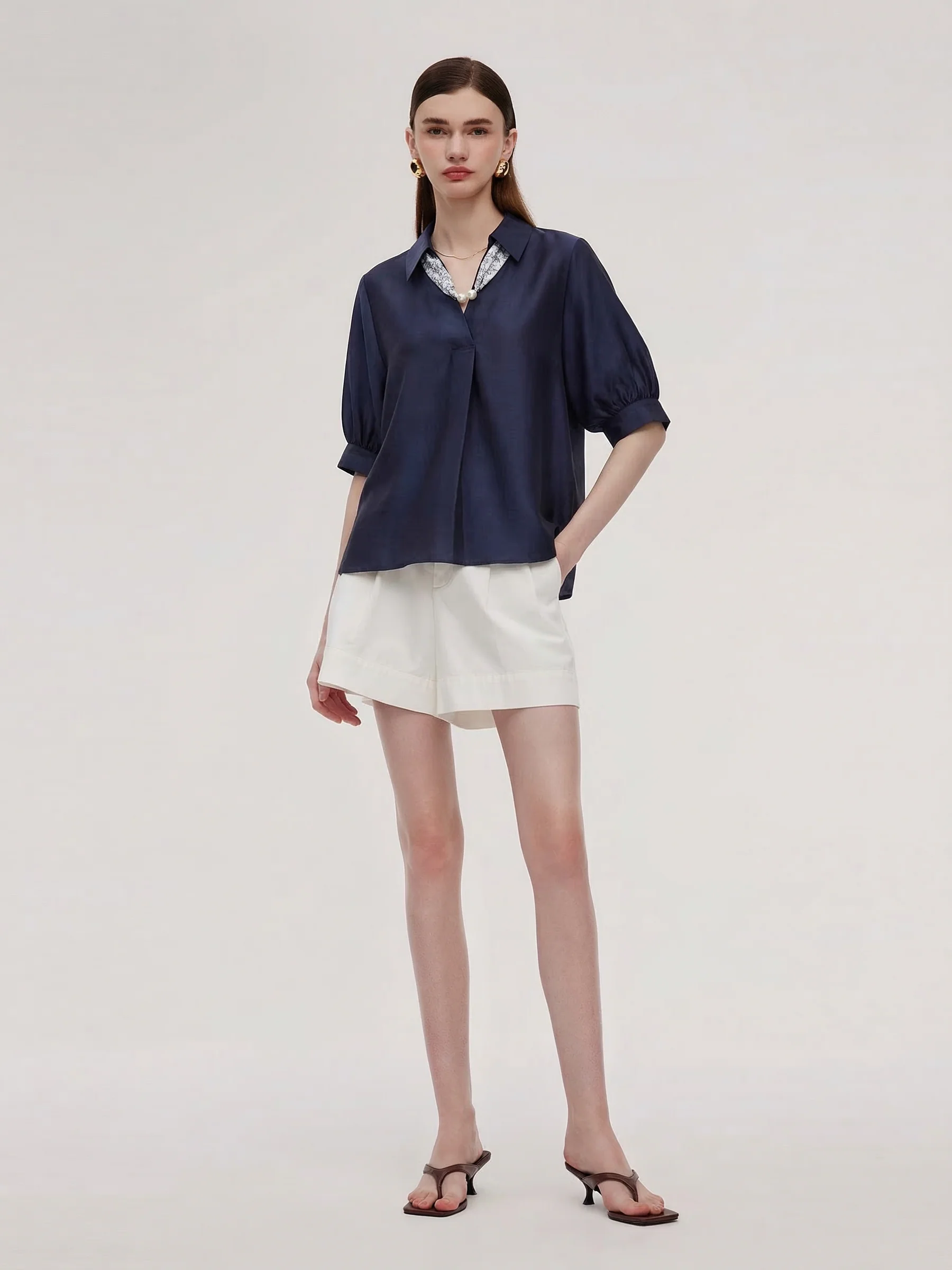 Tencel Blend Loose Fit Women Blouse With Silk Scarf - Image 7