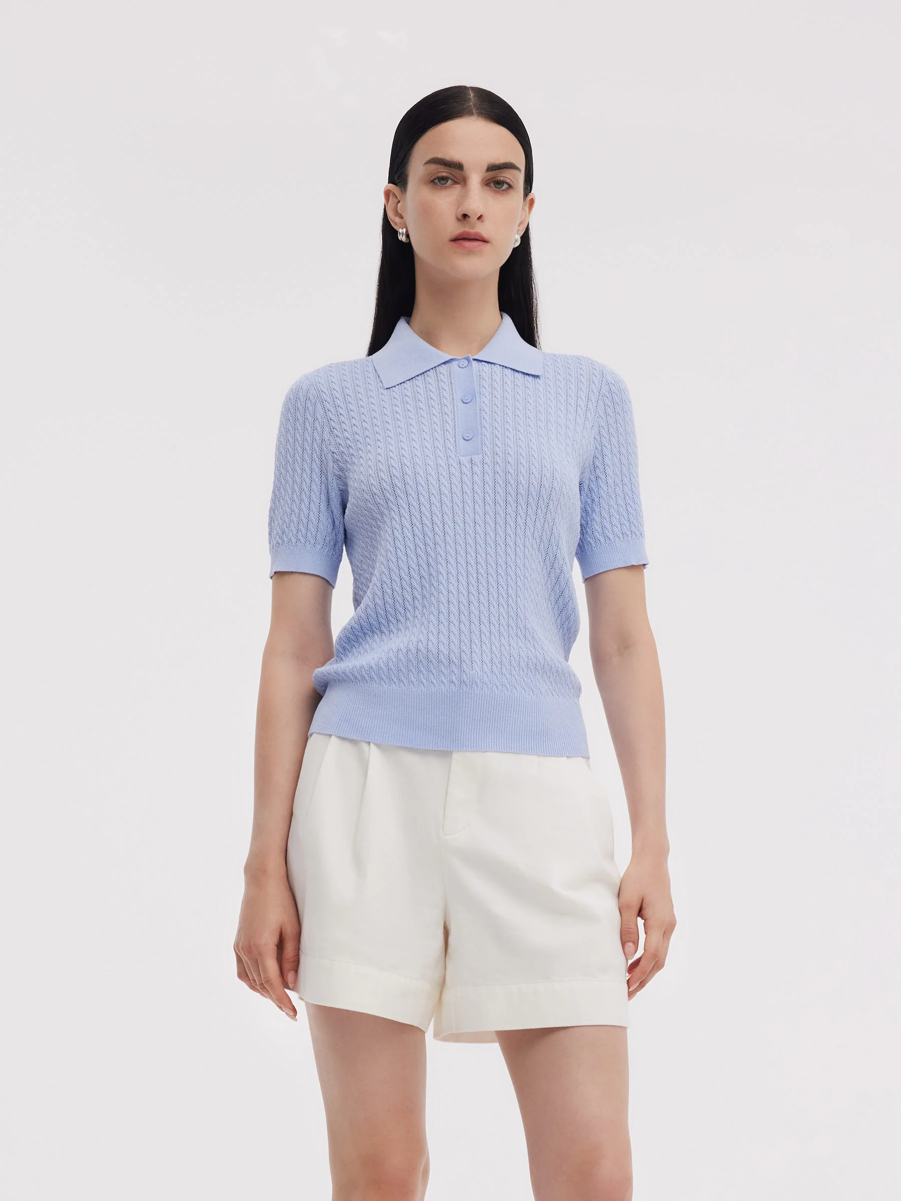 Tencel Blend Openwork Women Knit Polo Top - Image 5