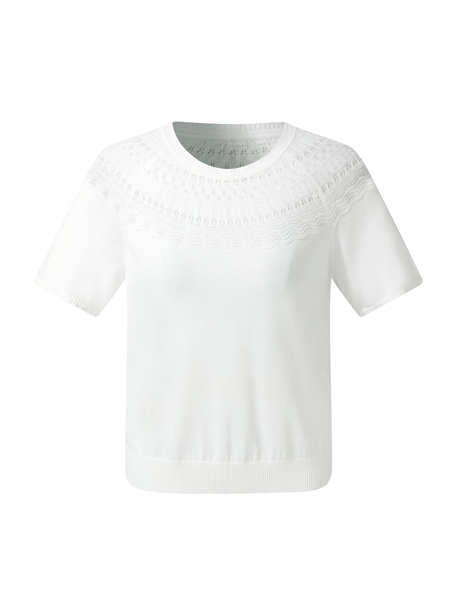 Tencel Blend Openwork Women Ruffle Round Neck Knit Top - Image 6