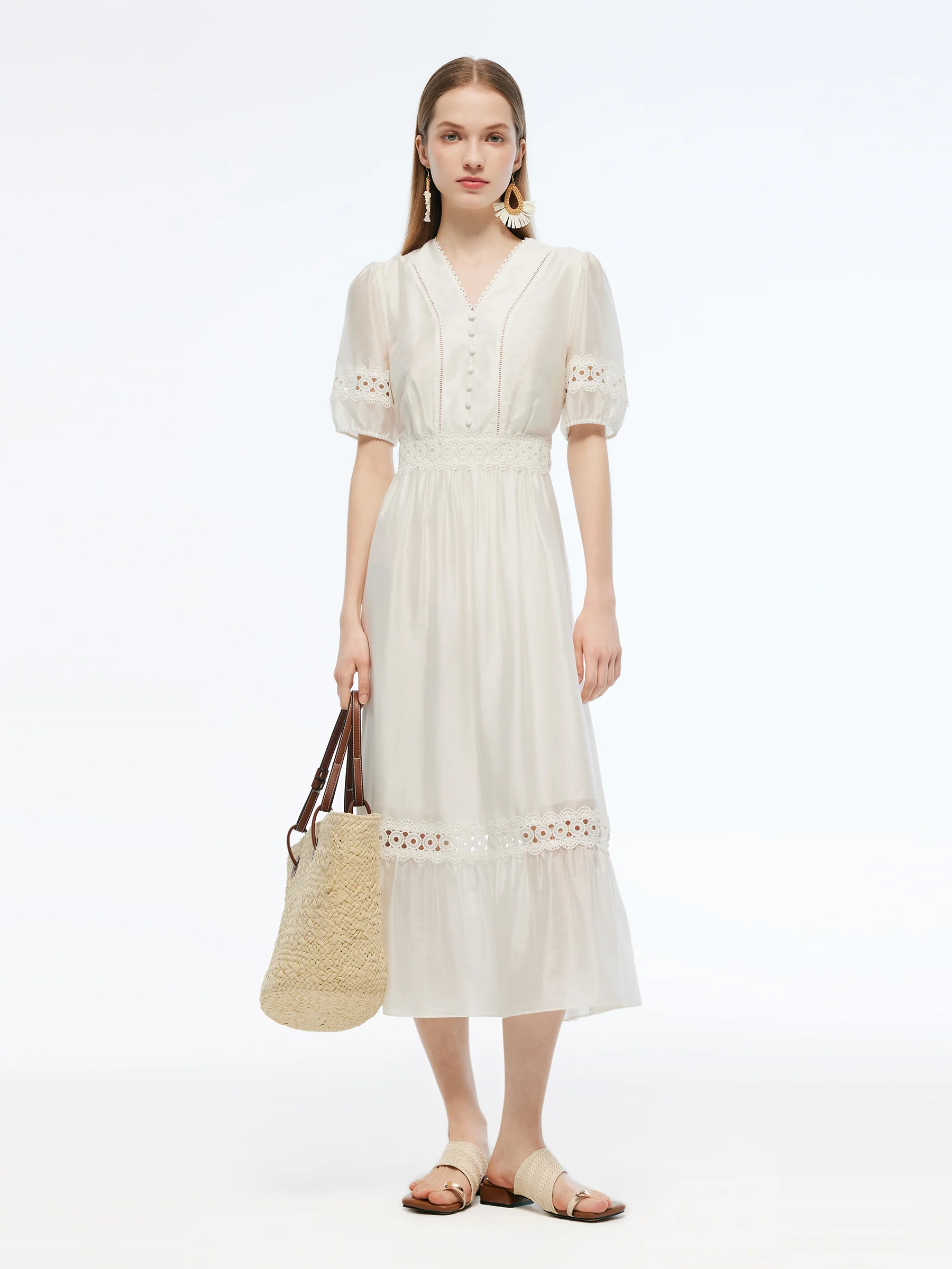 Tencel Blend Patchwork Lace Women Maxi Dress