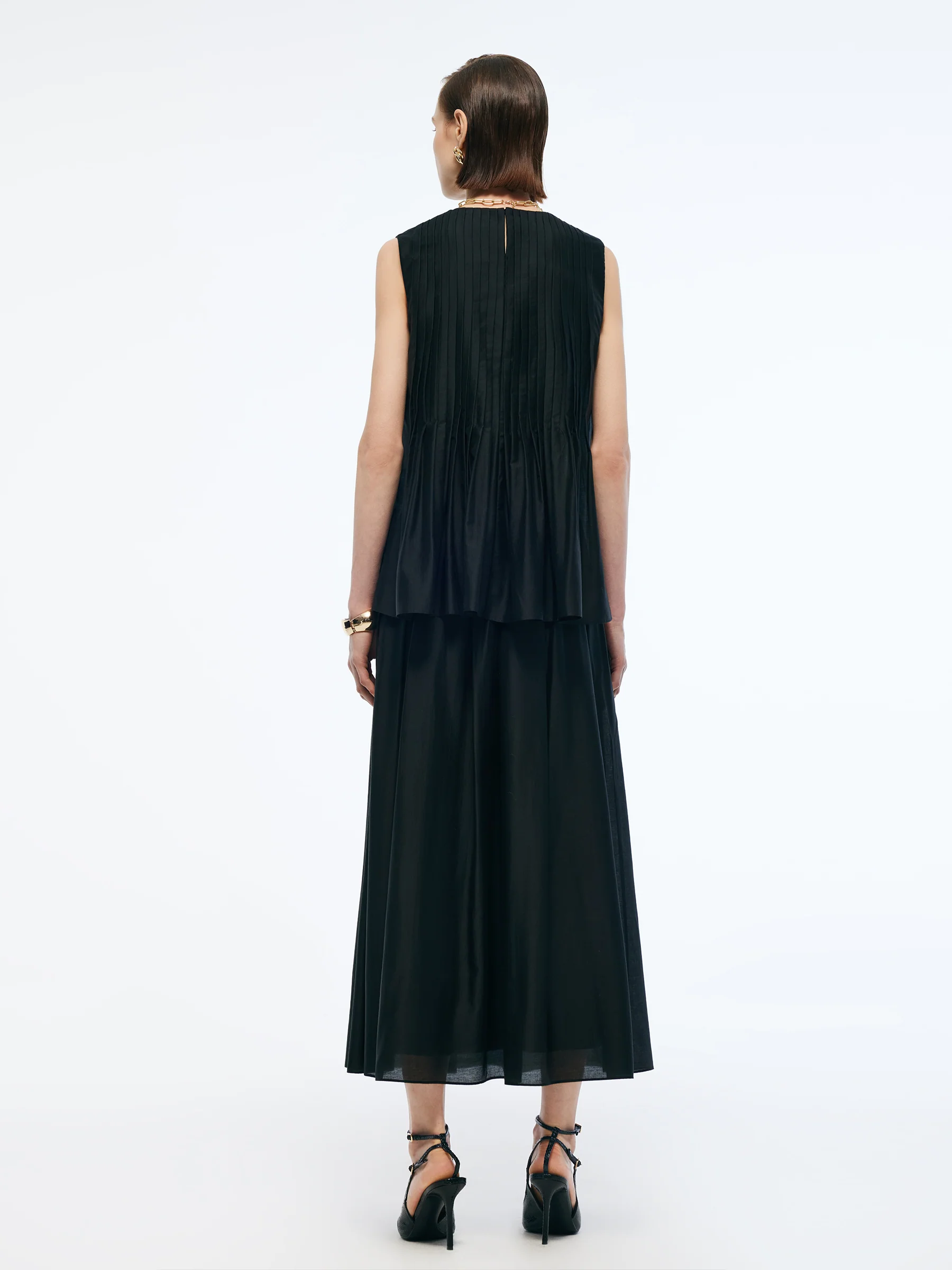 Tencel Blend Ruffle Hem Pleated Tank Top And A-Line Skirt Two-Piece Set - Image 3