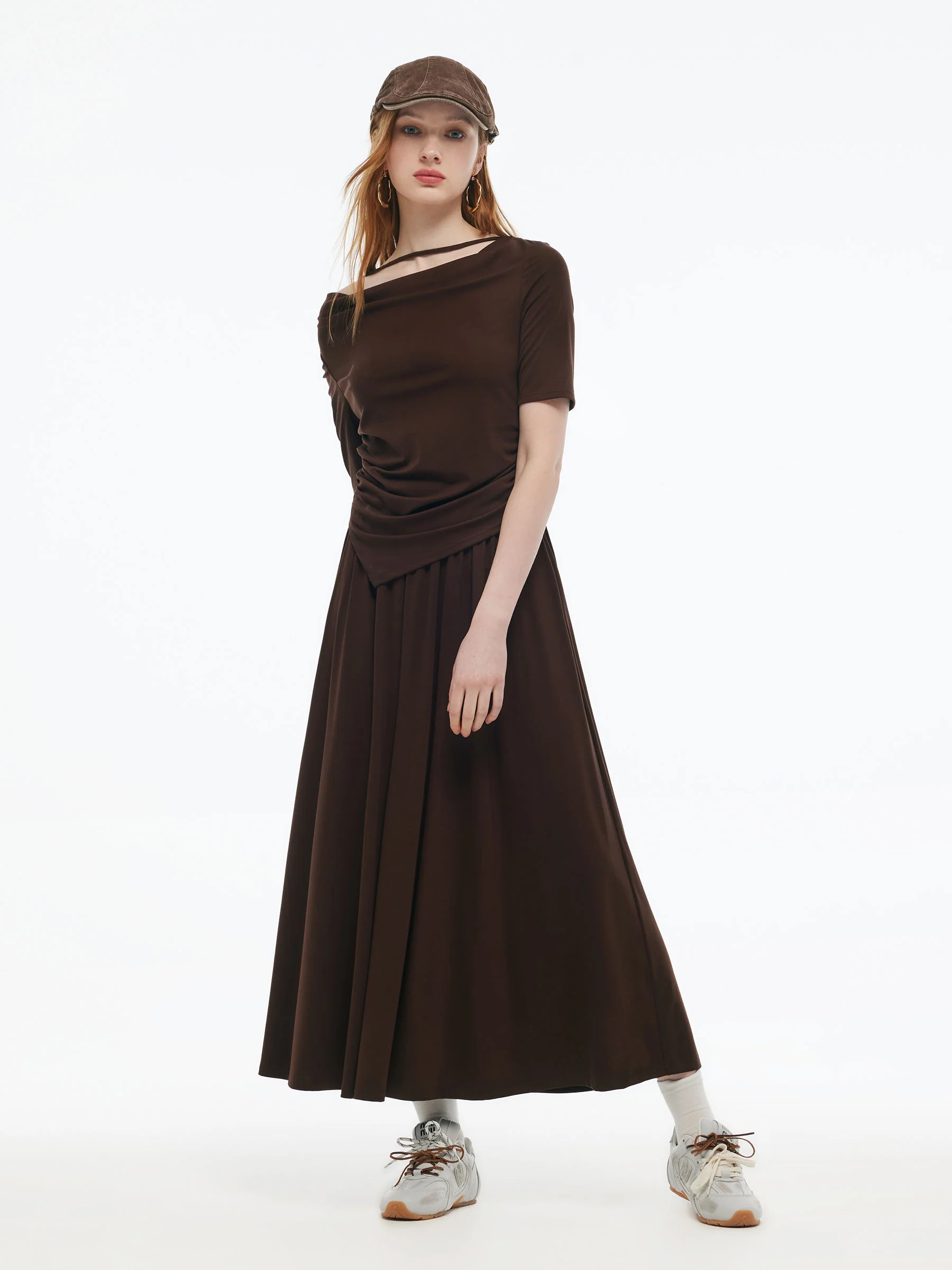Tencel Blend Stretchy Knit Top And A-Line Skirt Two-Piece Set - Image 2