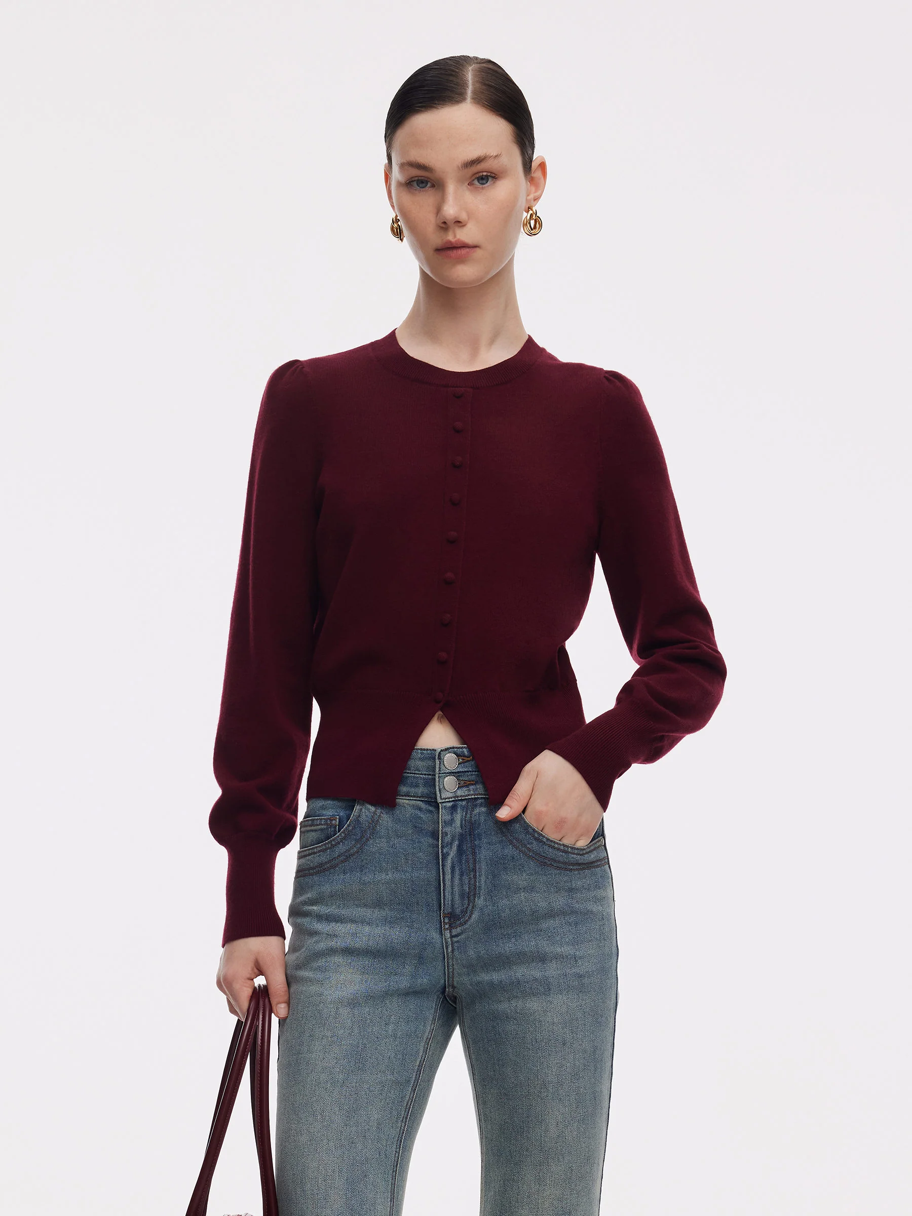 Tencel Blend Puff Long Sleeve Women Knit Top