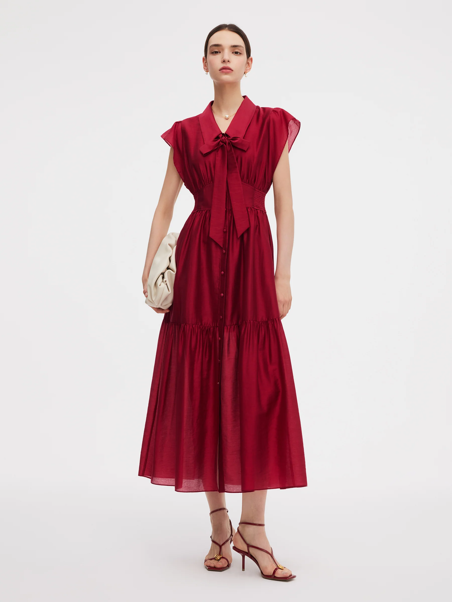 Tencel Blend Women Ruffle Cap Sleeve Maxi Dress With Sash - Image 17