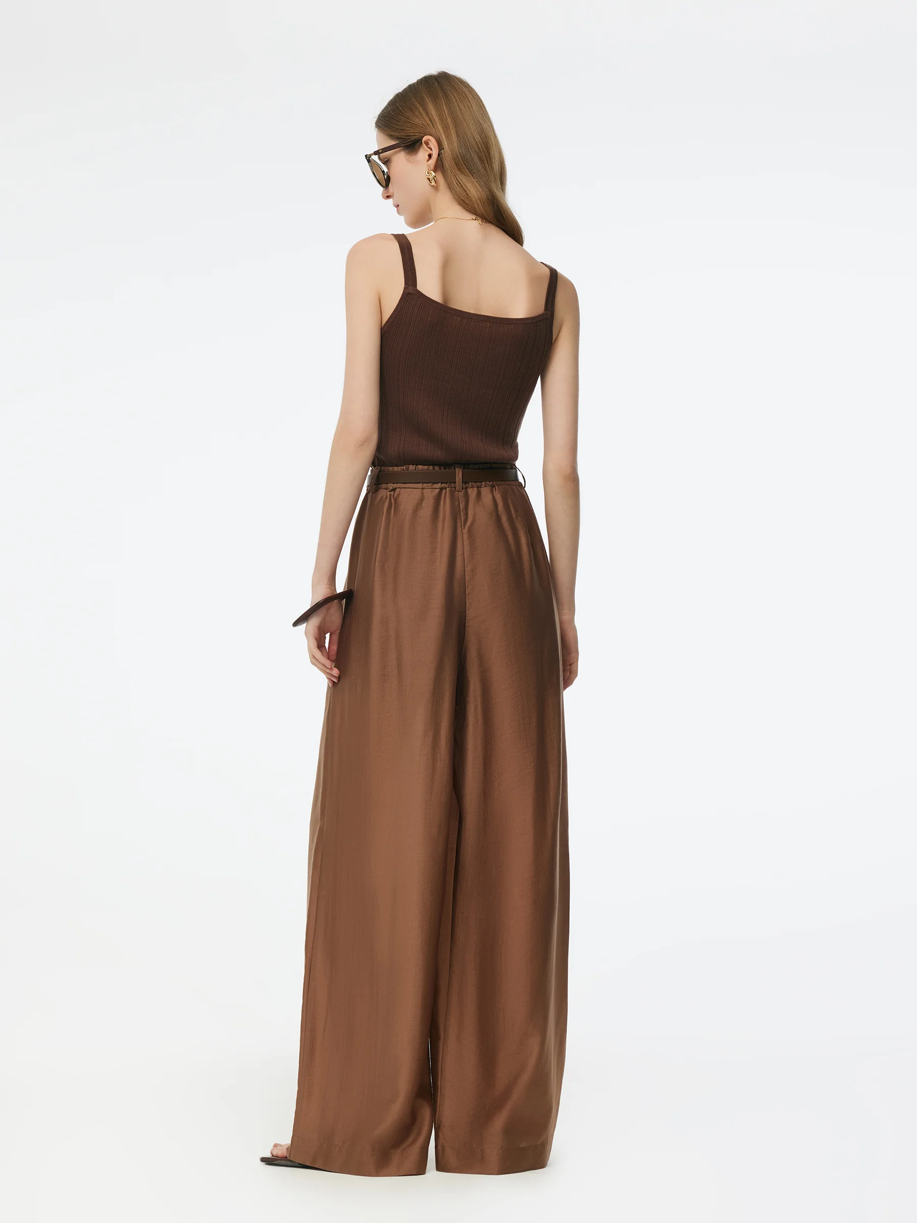 Tencel Blend Women Wide Leg Pants With GO Letter Leather Belt - Image 3