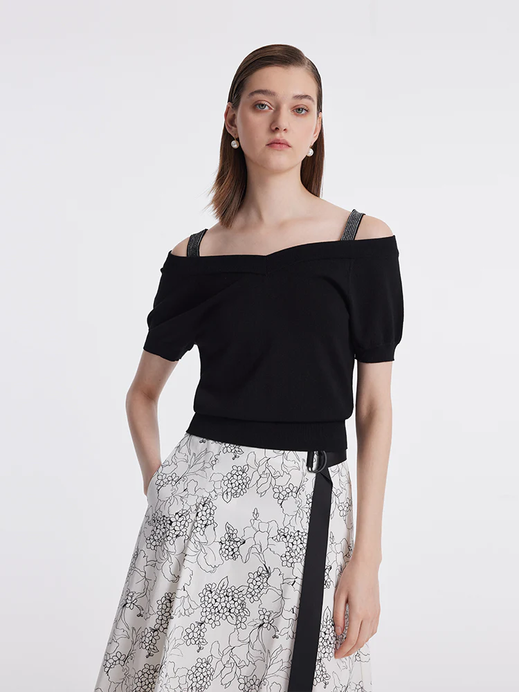 Tencel Cold Shoulder Gathered Waist Women Knit Top - Image 3