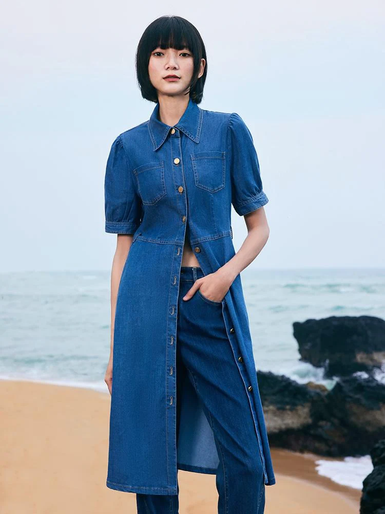 Tencel Denim Shirt Midi Collared Dress With Belt - Image 5