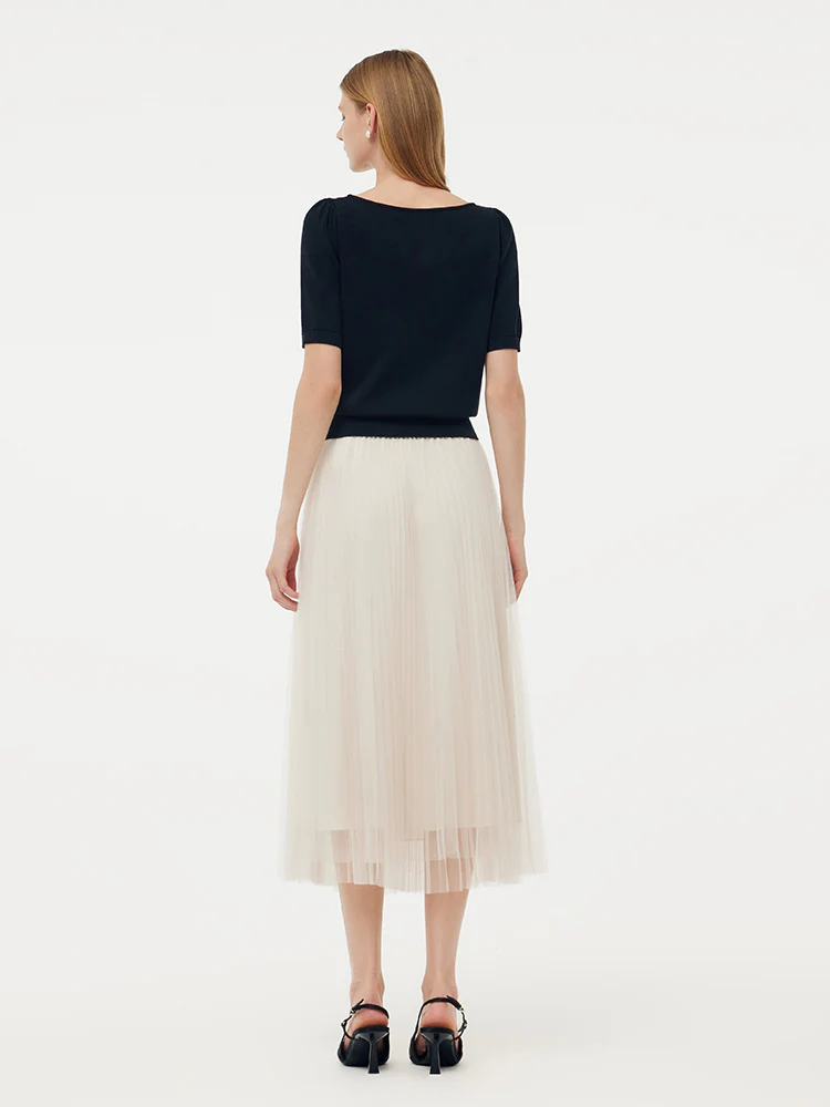 Tencel Knit Top And A-Line Mesh Skirt Two-Piece Set - Image 3