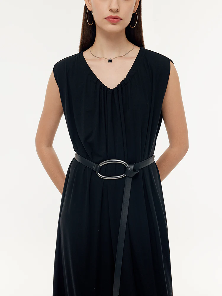 Tencel Knit Women Sleeveless Midi Dress With Leather Belt - Image 7
