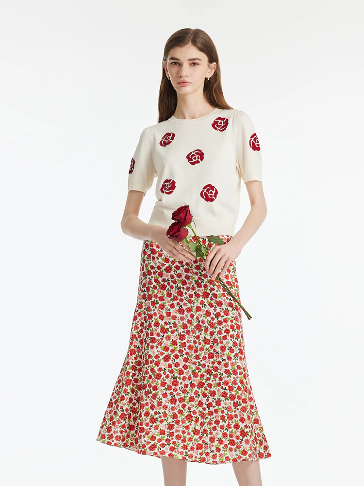 Tencel Rose Jacquard Women Knit Top - Image 3