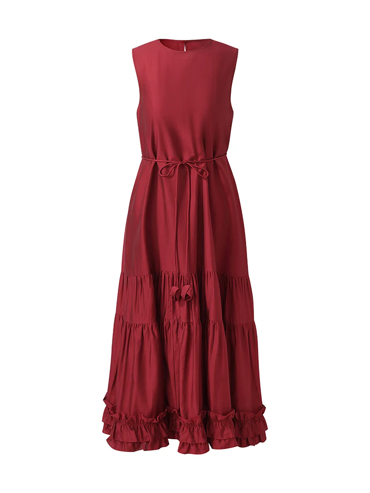 Tencel Ruffle Hem Women Tiered Vest Midi Dress With Slip Dress And Belt - Image 10