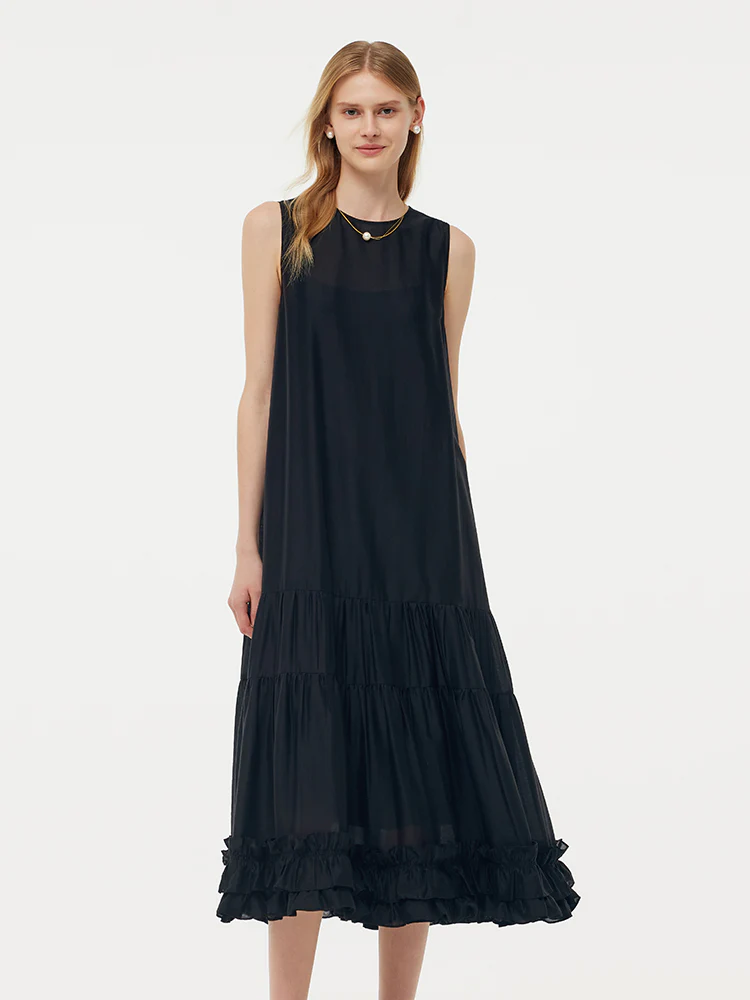 Tencel Ruffle Hem Women Tiered Vest Midi Dress With Slip Dress And Belt - Image 14