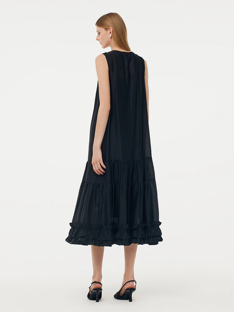 Tencel Ruffle Hem Women Tiered Vest Midi Dress With Slip Dress And Belt - Image 15