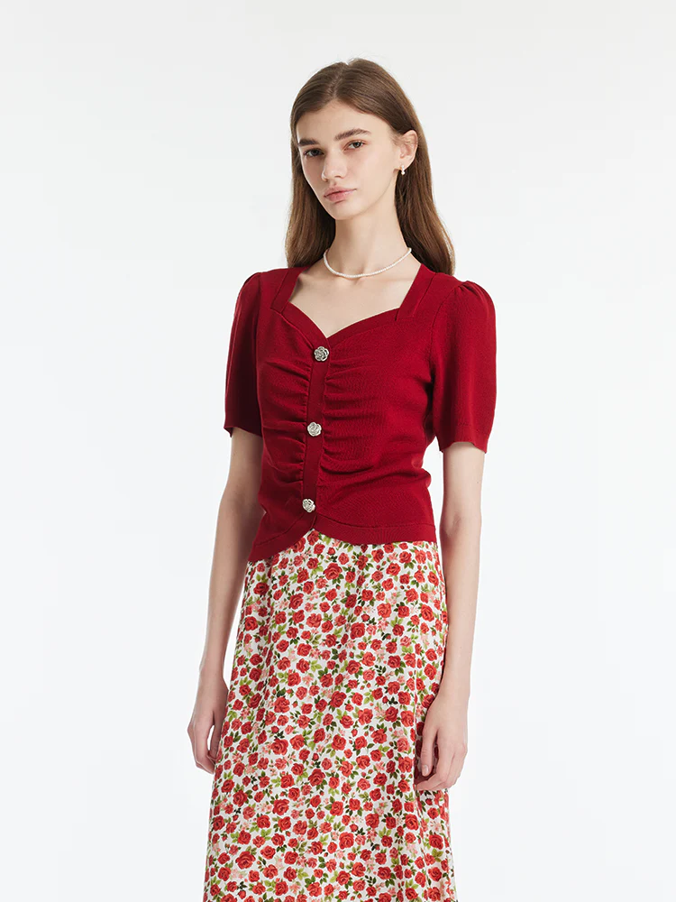 Tencel-Silk Blend Ruched Women Knit Top With Rose Shaped Button - Image 4