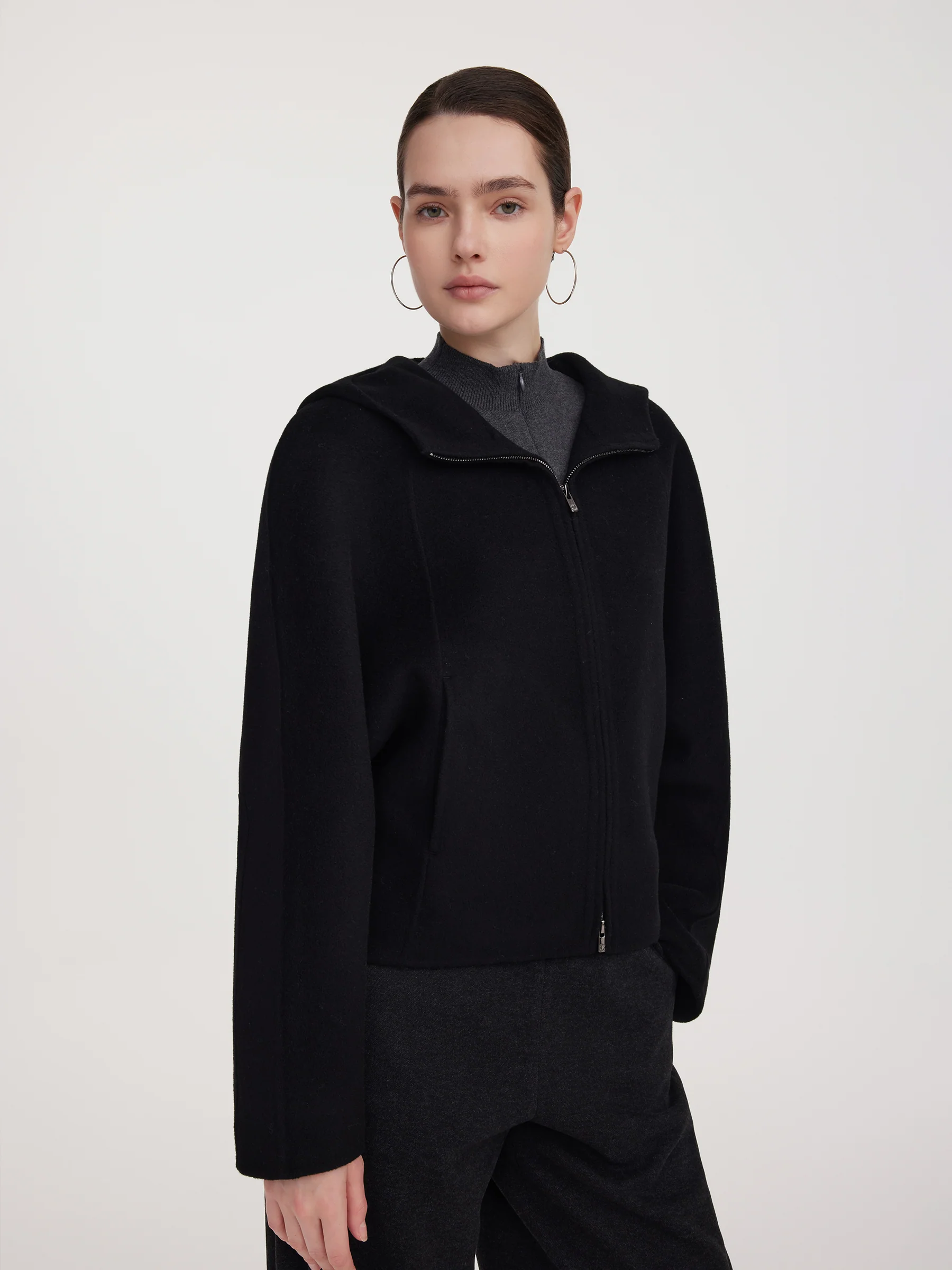 Tencel Wool Blend Double-Faced Hooded Women Jacket - Image 4