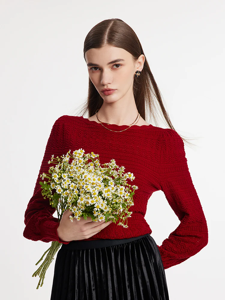 Tencel Wool Blend Wave Cut Collar Women Sweater - Image 2