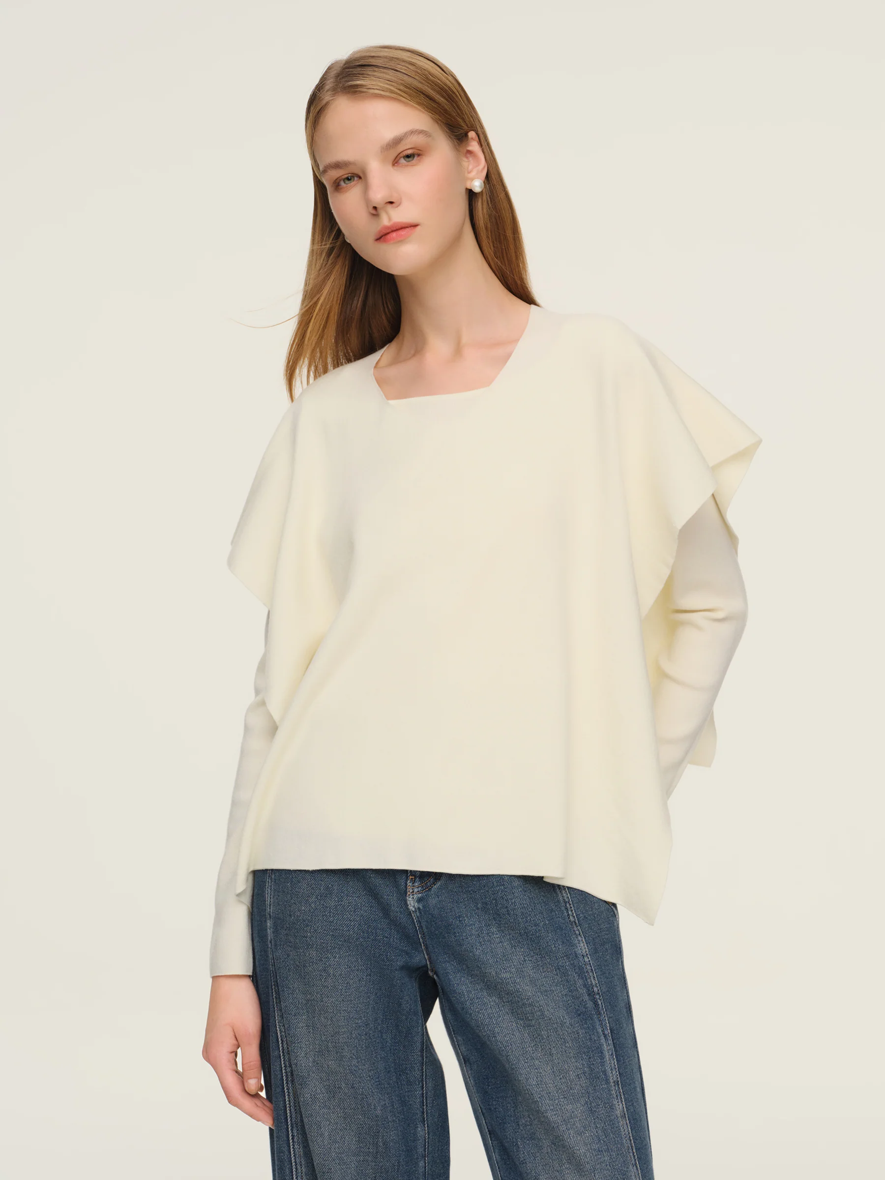 Tencel Wool Blend Women Knit Top With Pullover Cape - Image 8