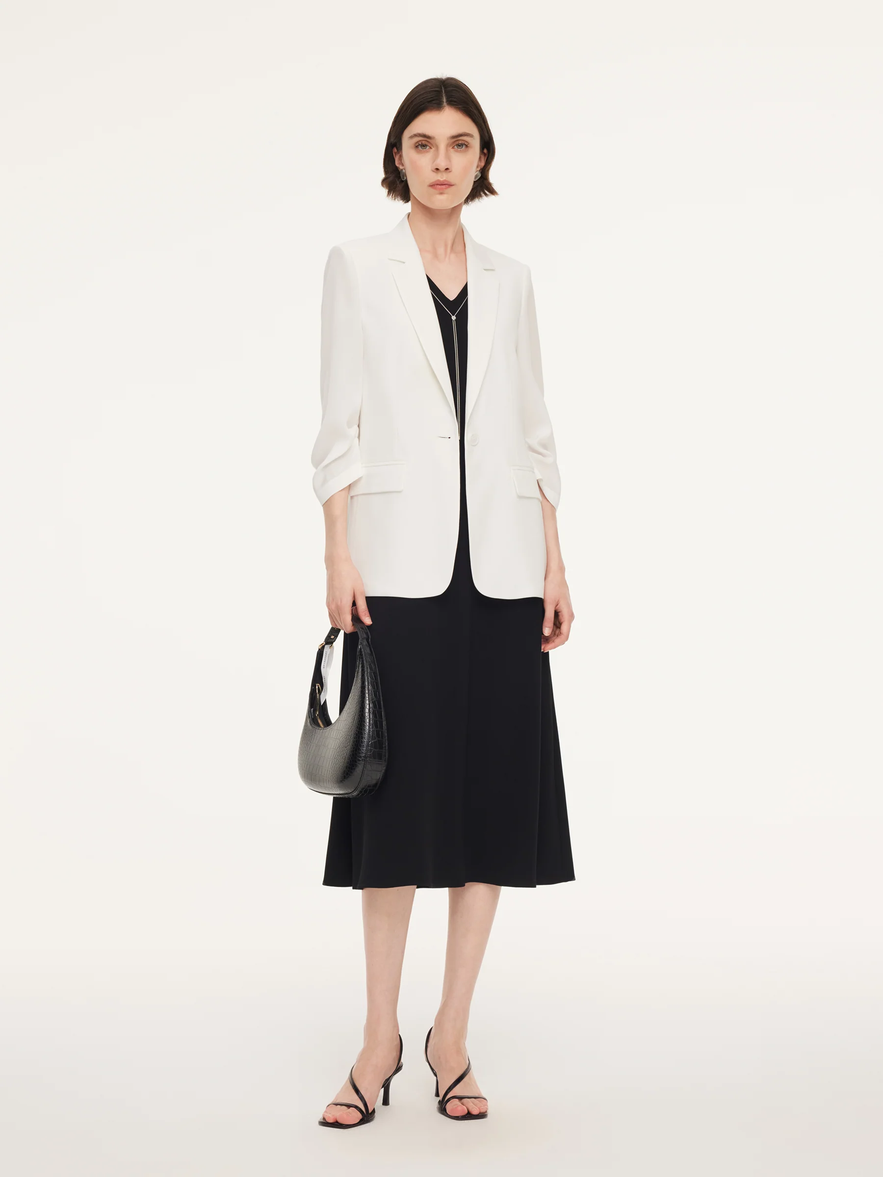 Triacetate Blend One Button Women Ruched Sleeve Blazer - Image 2