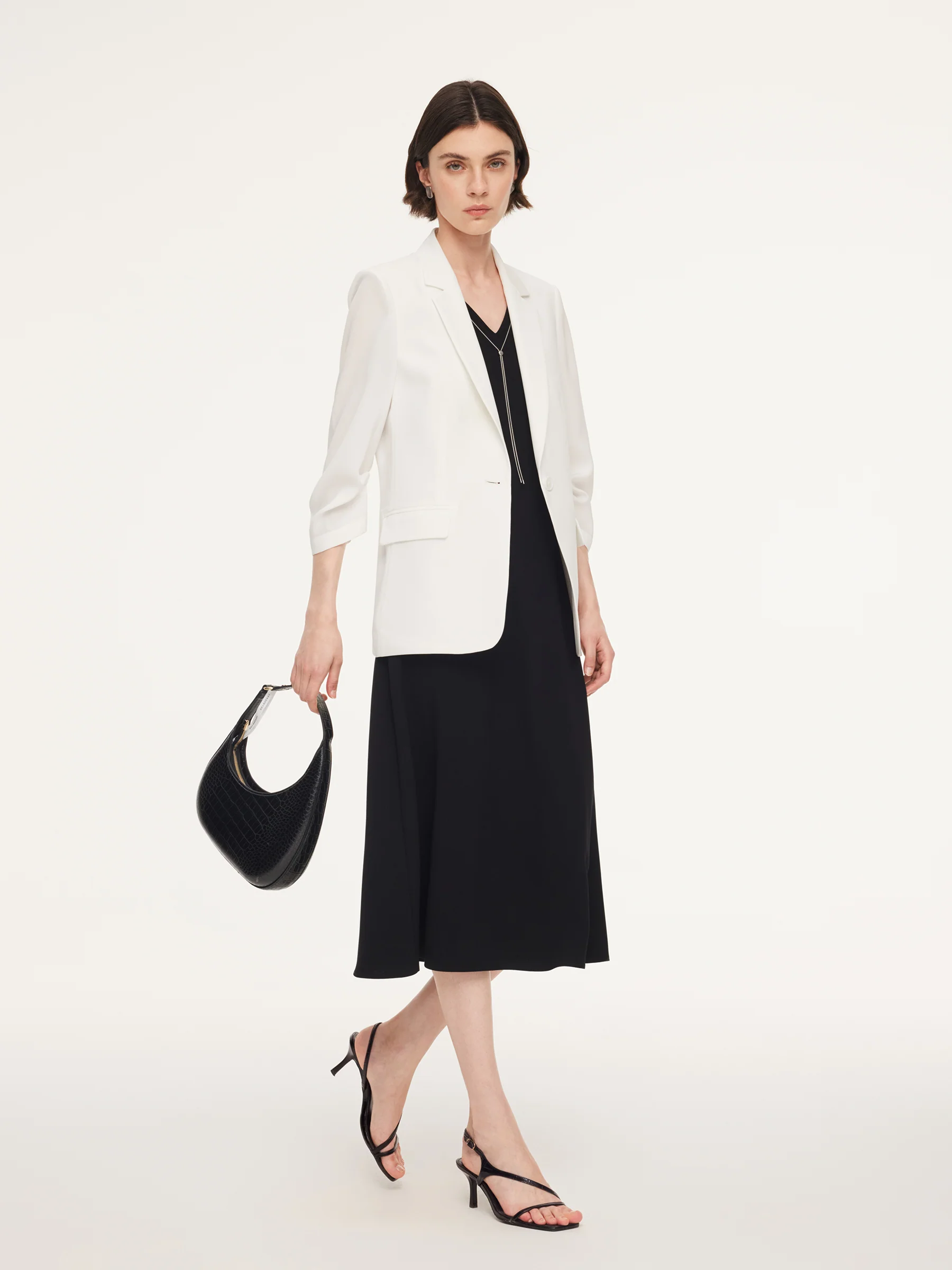 Triacetate Blend One Button Women Ruched Sleeve Blazer - Image 3