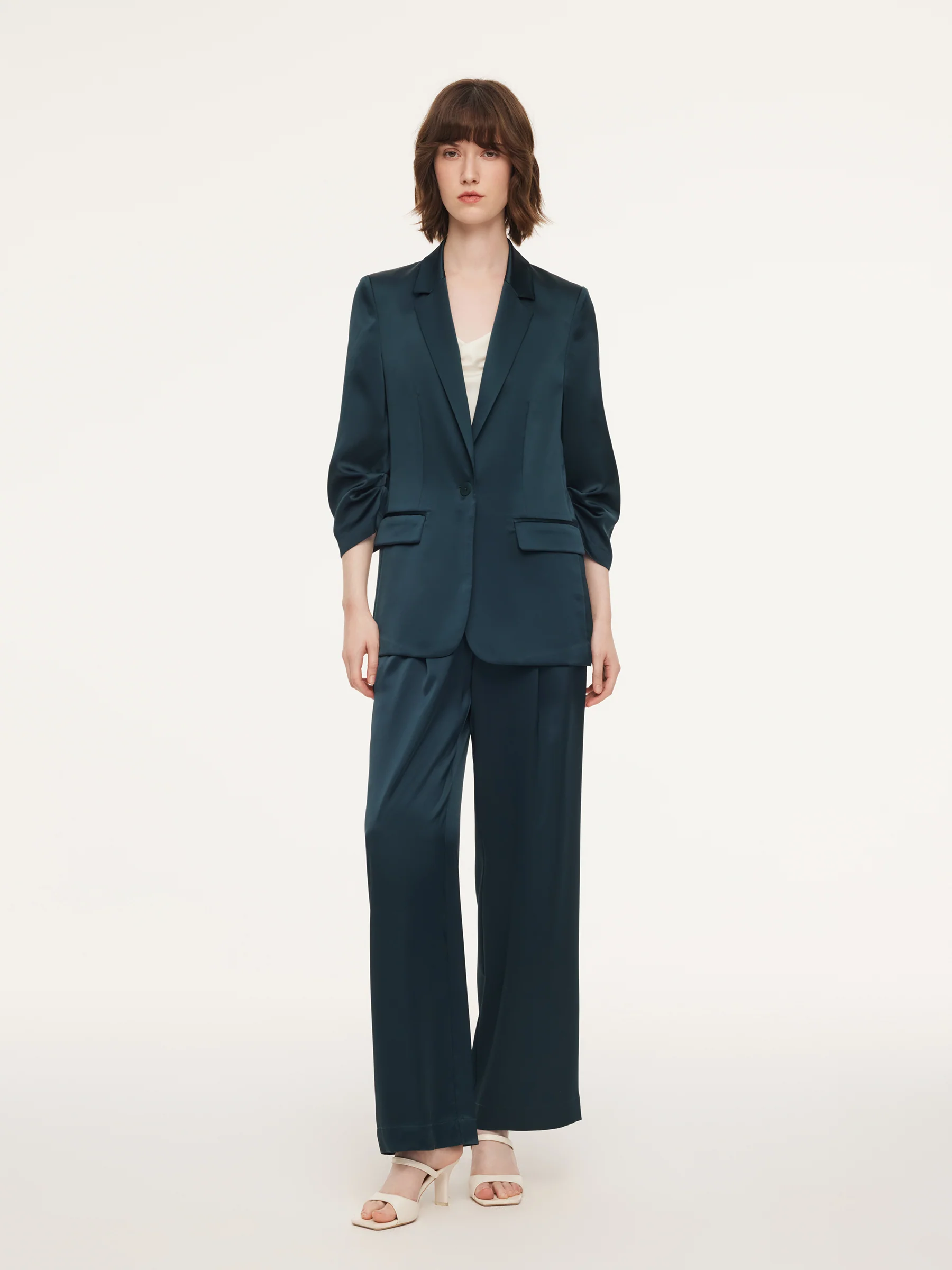 Triacetate Blend Ruched Sleeve Women Blazer - Image 2