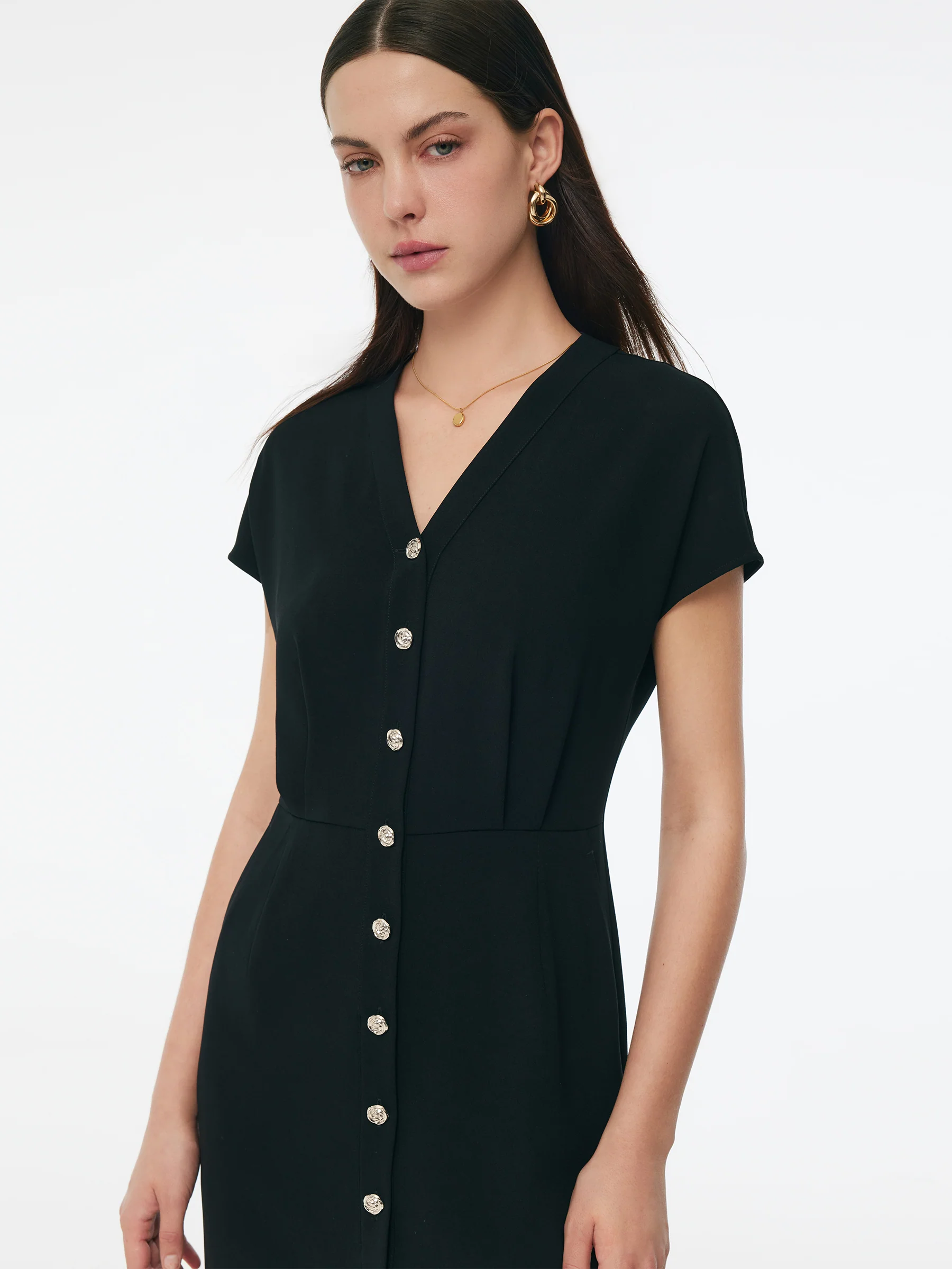 Triacetate Blend V-Neck Women Gathered Waist Midi Dress - Image 4