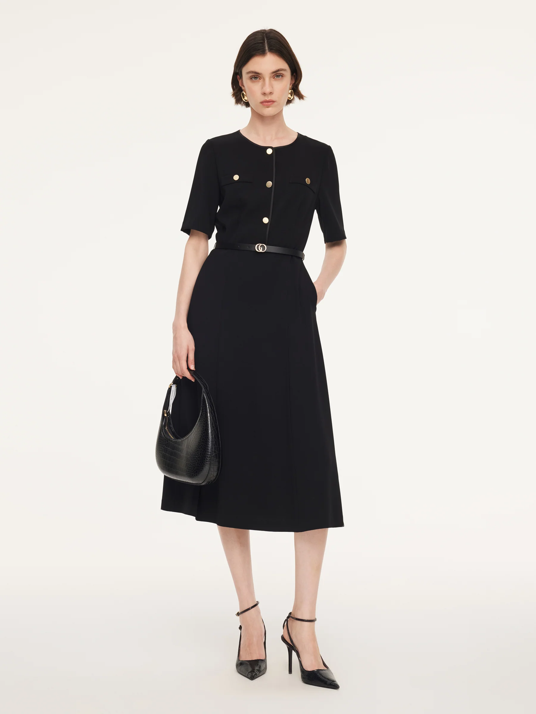 Triacetate Blend Women Midi Dress With Belt