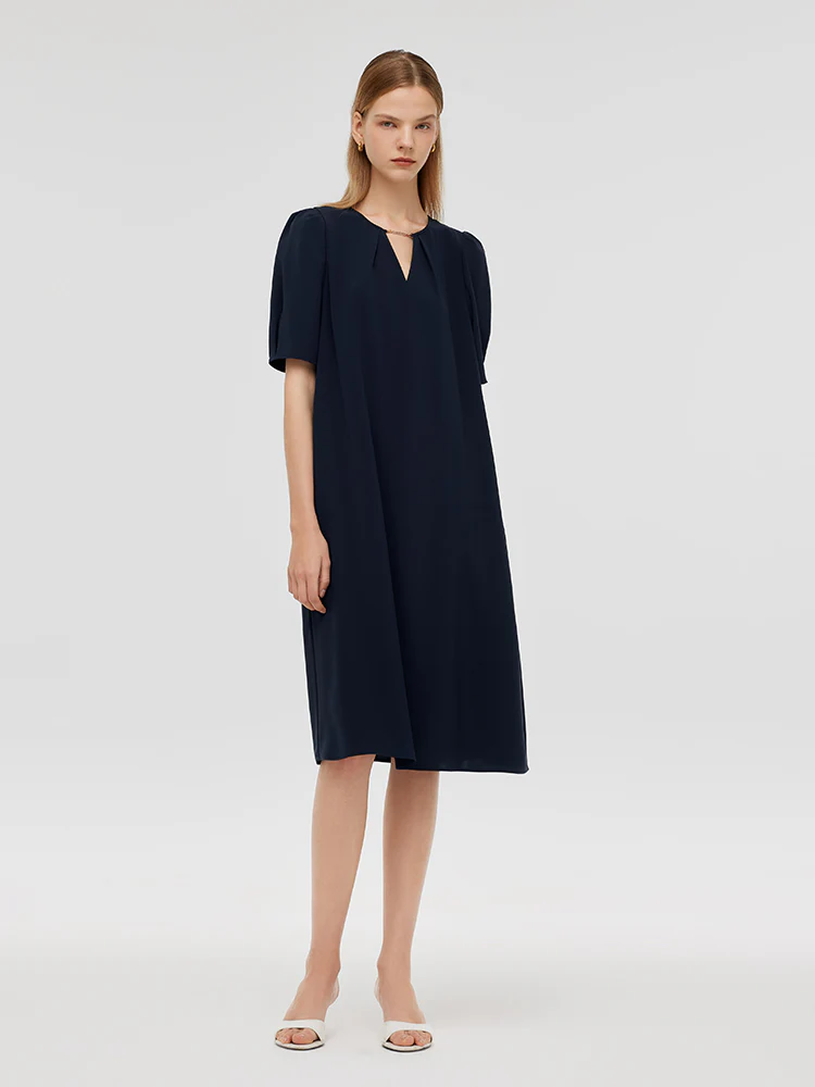 Triacetate Cut-Out Neck Women Midi Dress With Belt - Image 6