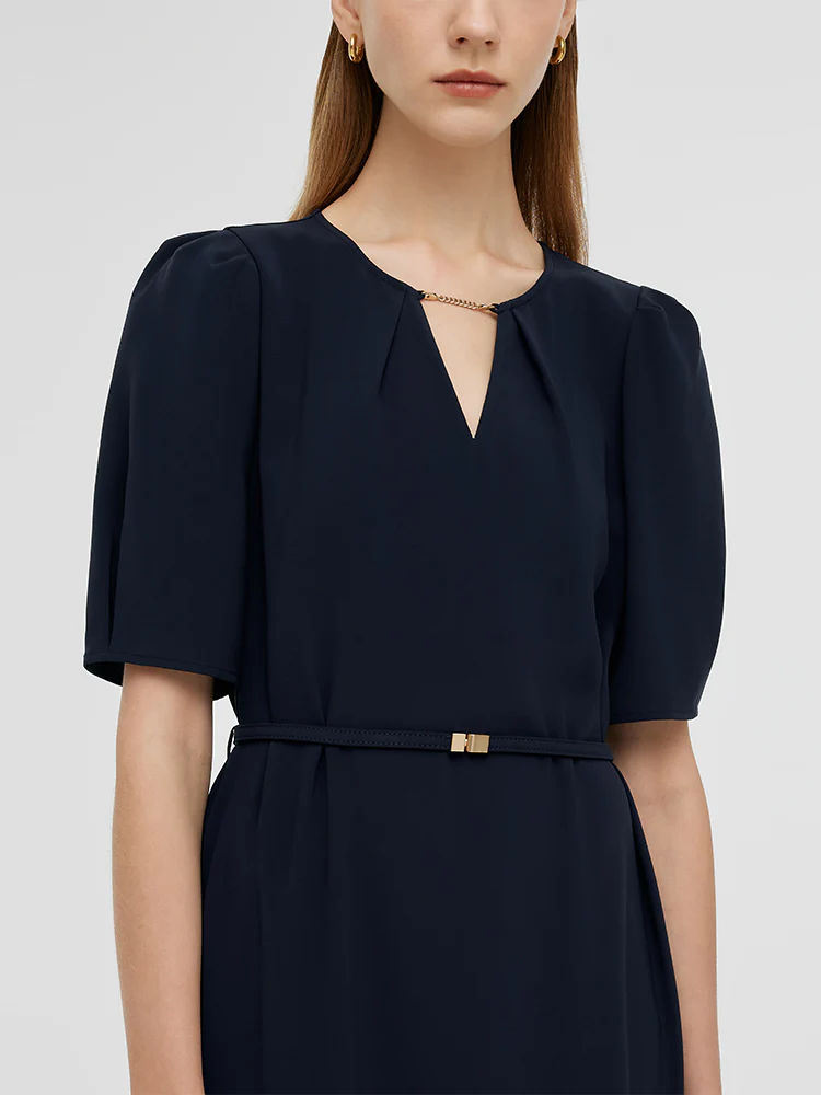 Triacetate Cut-Out Neck Women Midi Dress With Belt - Image 8