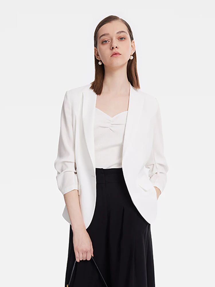 Triacetate Gathered Waist Ruched Sleeves Women Blazer - Image 10