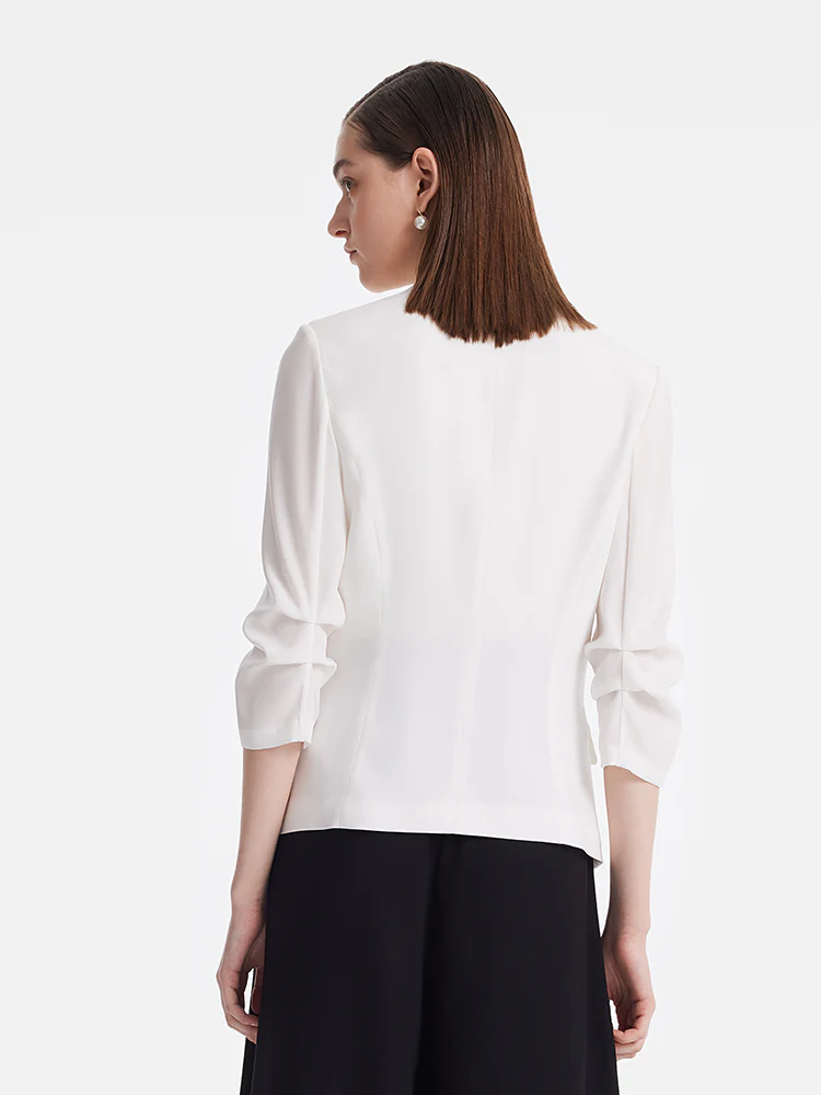 Triacetate Gathered Waist Ruched Sleeves Women Blazer - Image 12