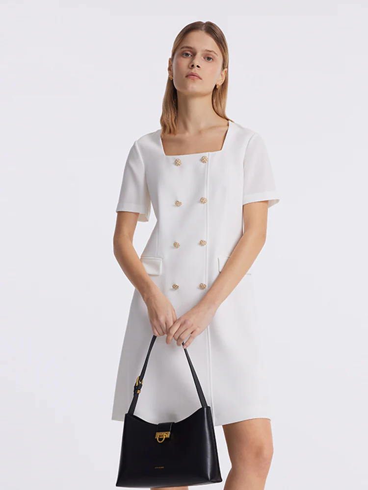 Triacetate Square Neck Double-Breasted Women Mini Dress - Image 3