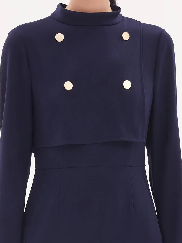 Triacetate Stand Collar Gathered Waist Midi Dress - Image 4