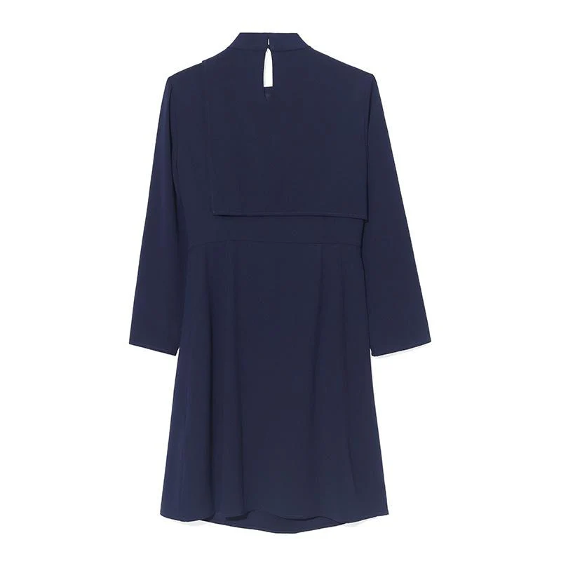 Triacetate Stand Collar Gathered Waist Midi Dress - Image 8