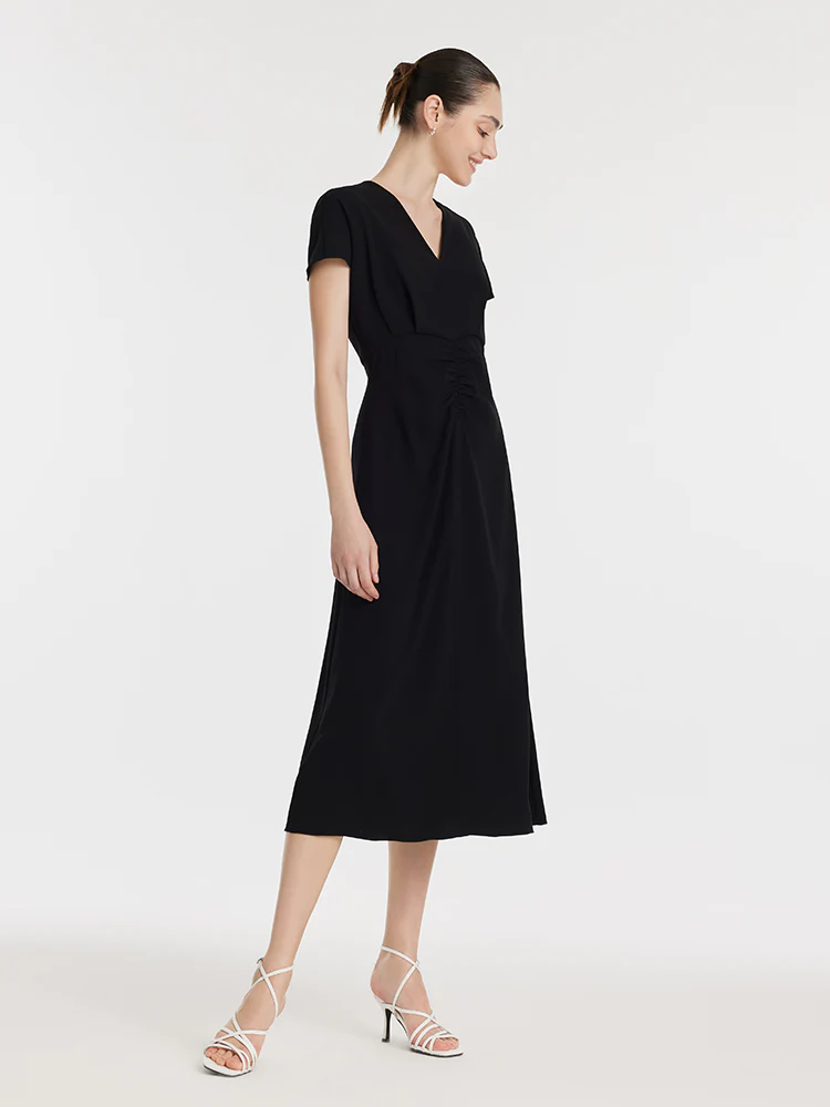 Triacetate V-Neck Ruched Women Midi Dress - Image 4