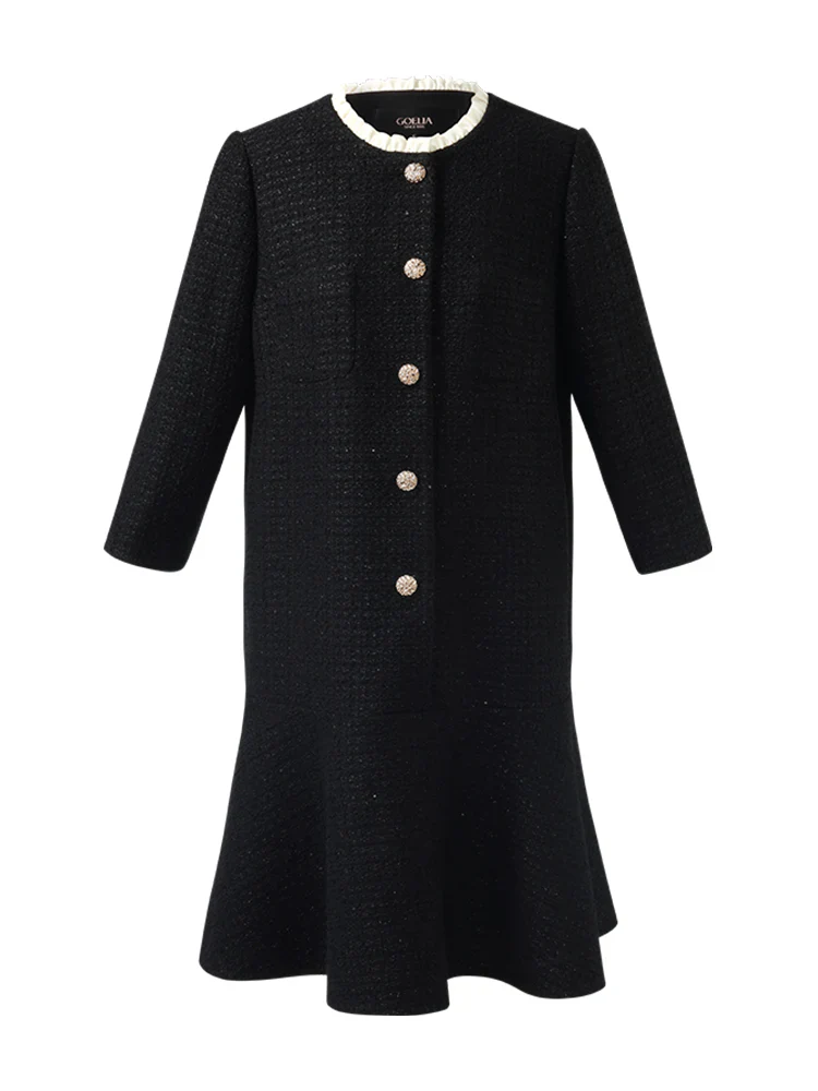 Tweed A-Line Ruffle Collared Women Midi Dress - Image 7