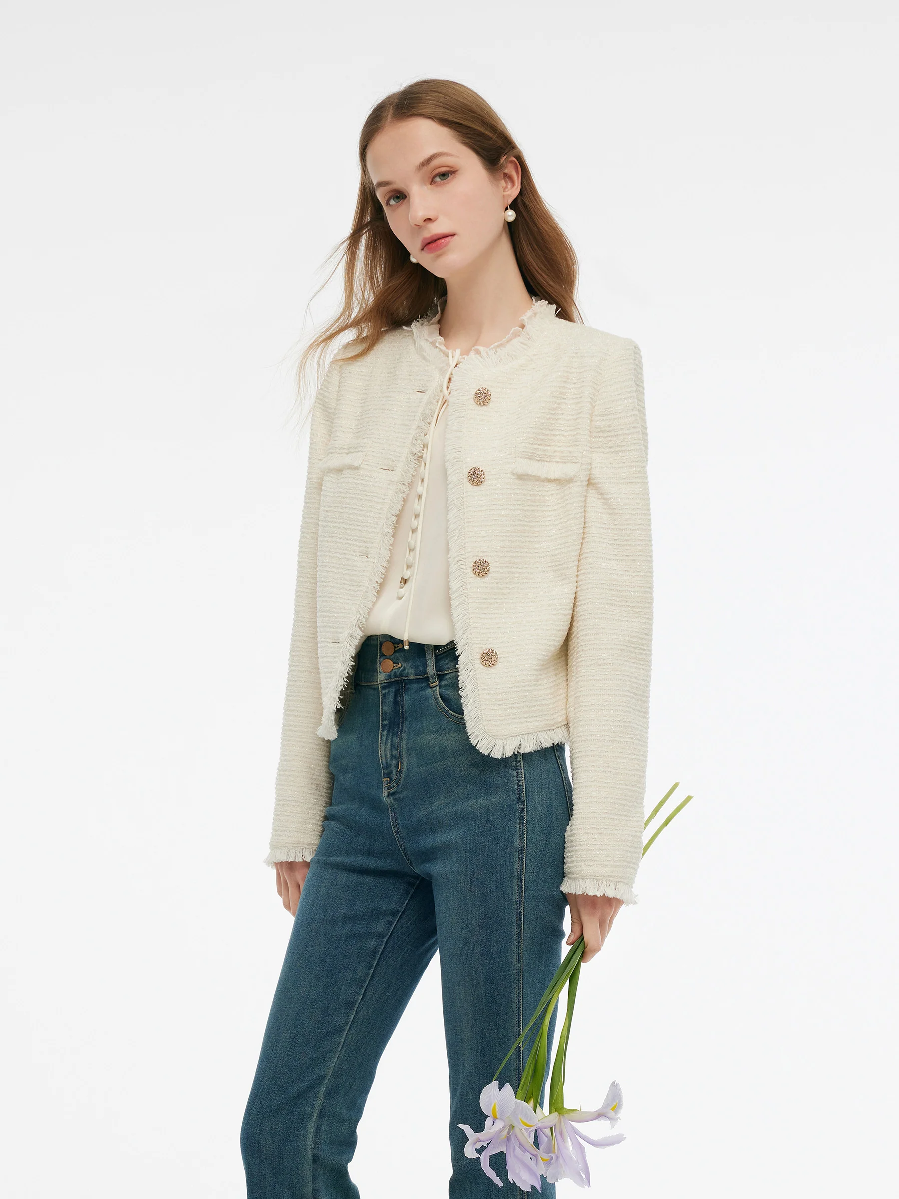 Tweed Collarless Women Crop Jacket - Image 4