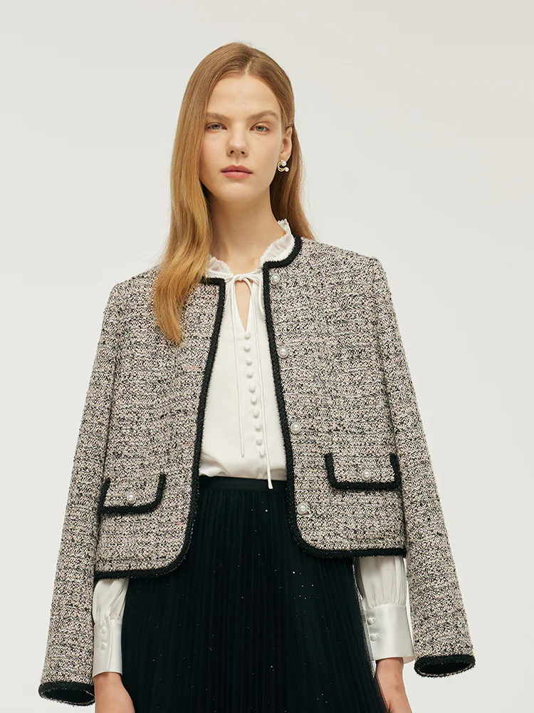 Tweed Women Crop Jacket With Detachable Bowknot - Image 7