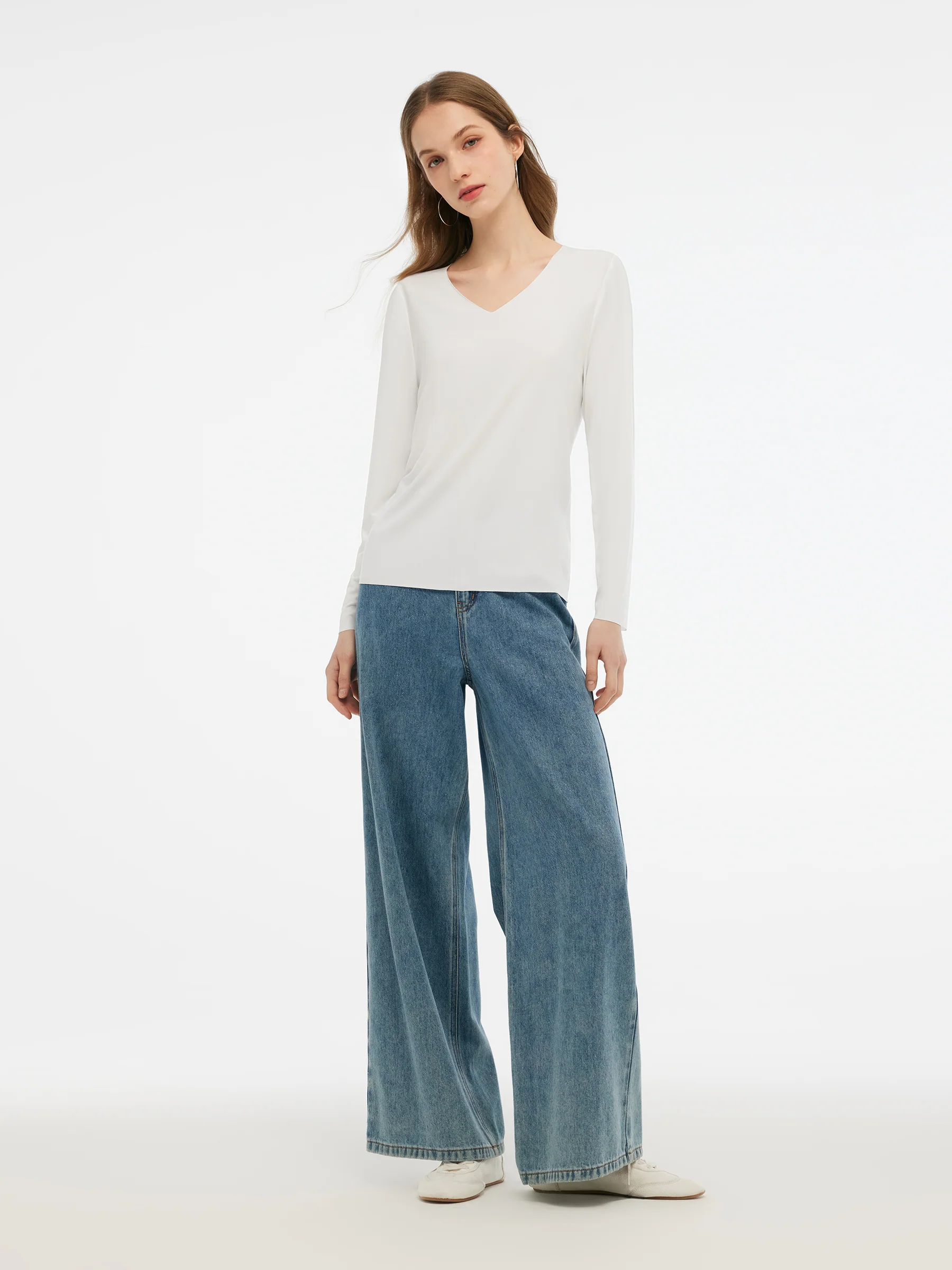 Two-pack (Black & White) Modal V-Neck Long Sleeve Top - Image 7