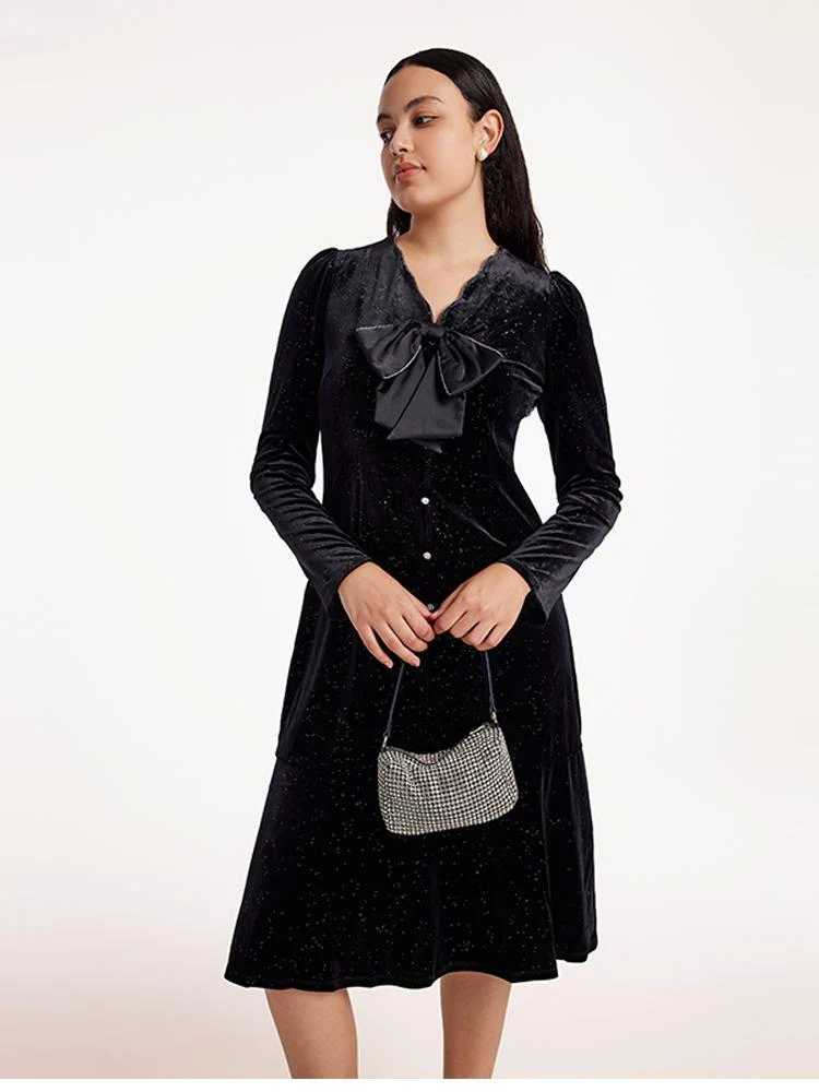 V-Neck Detachable Bowknot Velvet Midi Dress - Image 8