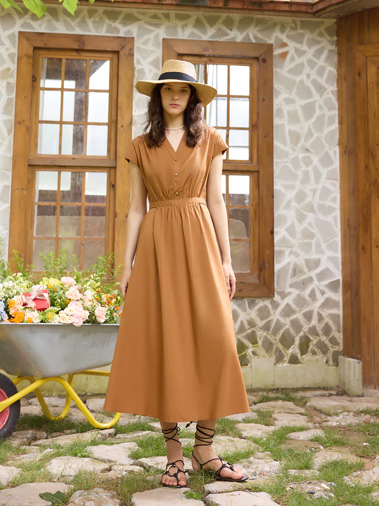 V-Neck Gathered Waist Women Maxi Dress