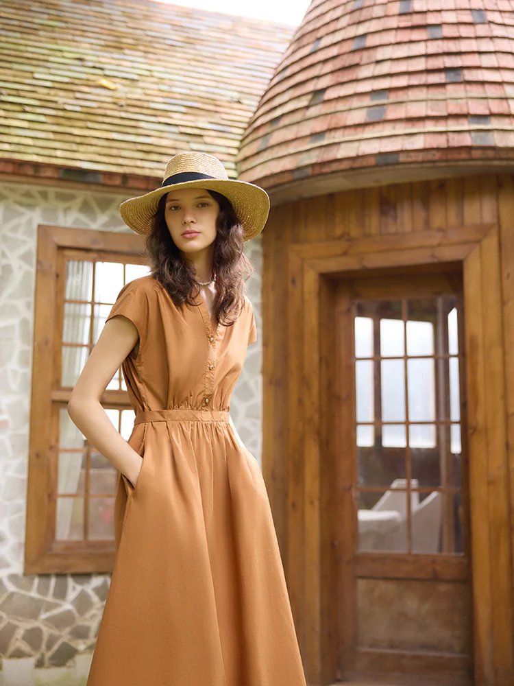 V-Neck Gathered Waist Women Maxi Dress - Image 3