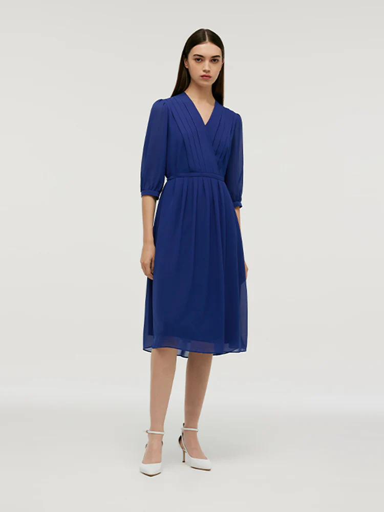 V-Neck Pleated Lace Up Wrap Midi Dress - Image 18