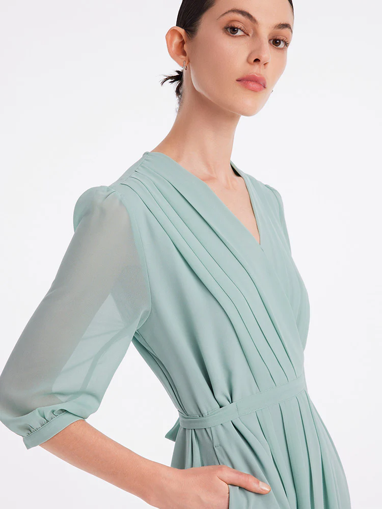 V-Neck Pleated Lace Up Wrap Midi Dress - Image 26