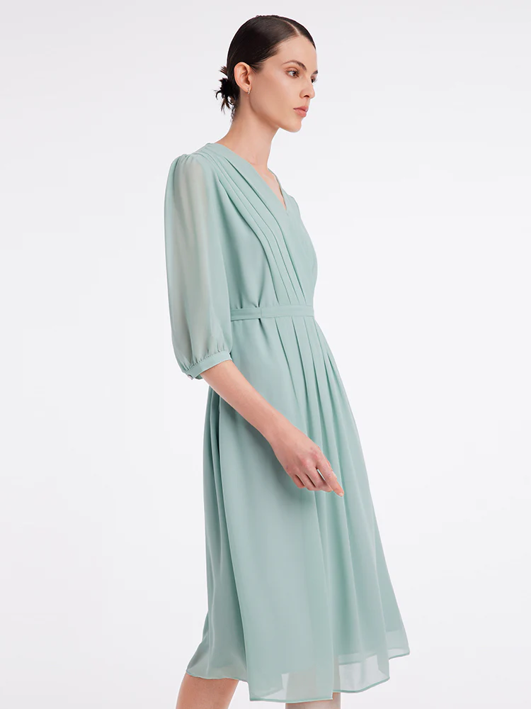 V-Neck Pleated Lace Up Wrap Midi Dress - Image 27