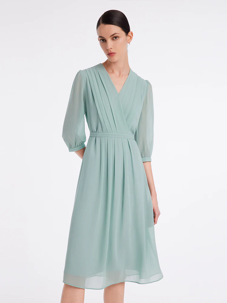 V-Neck Pleated Lace Up Wrap Midi Dress - Image 28