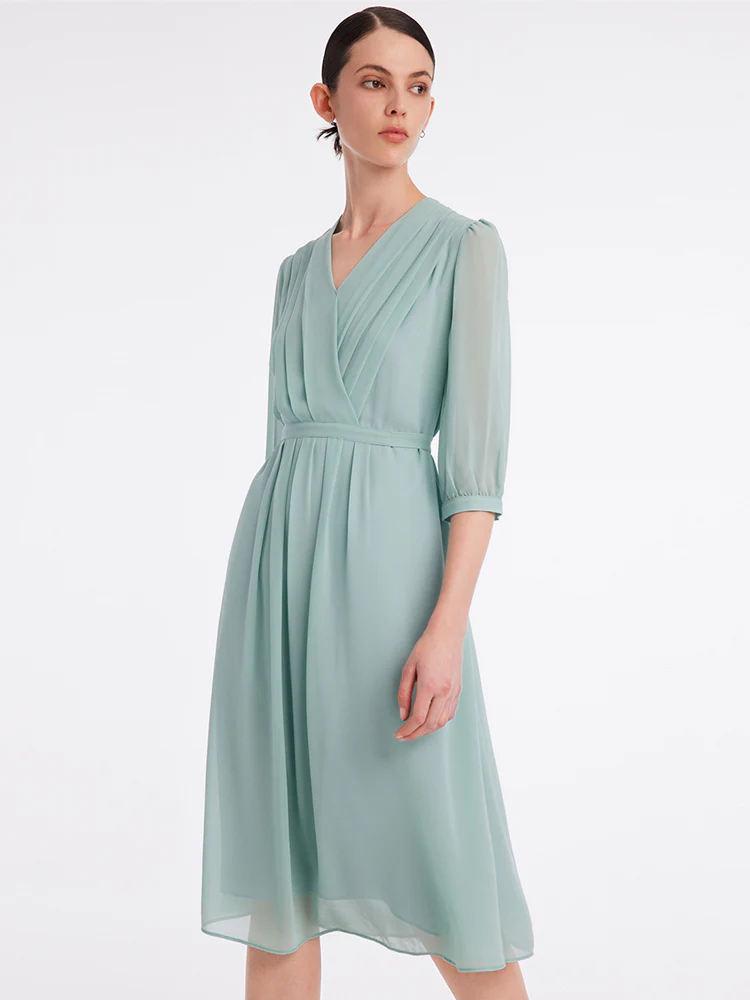V-Neck Pleated Lace Up Wrap Midi Dress - Image 29