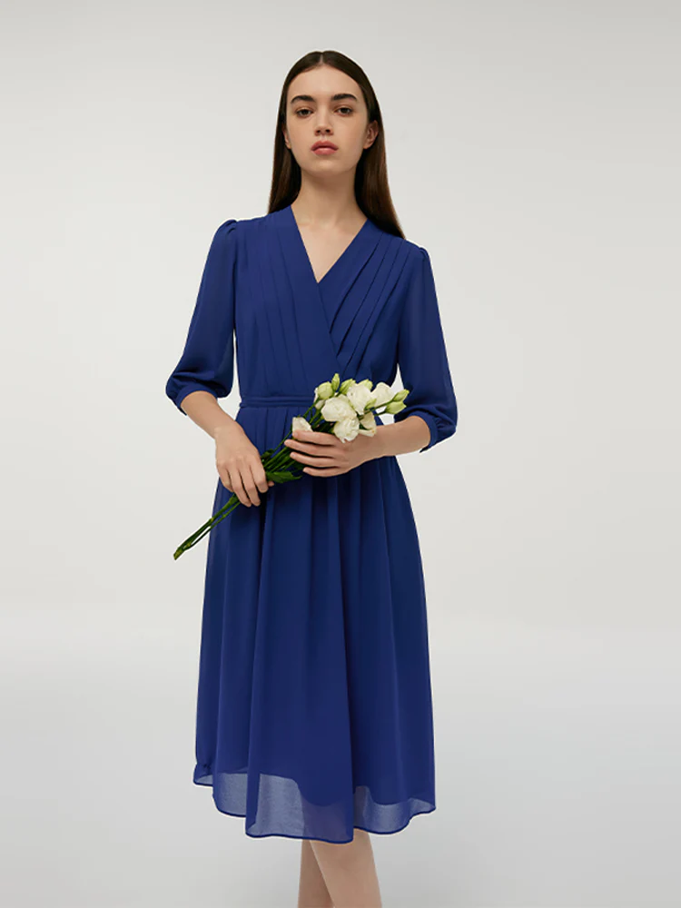 V-Neck Pleated Lace Up Wrap Midi Dress - Image 3